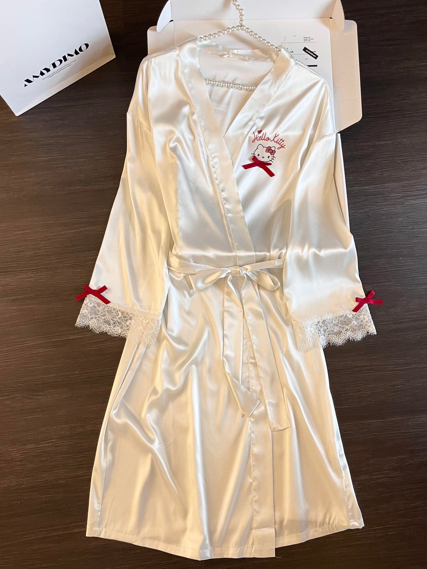 Hellokitty White Satin Robes with Nightgown Pajamas Sleepwear Camisole Gown Set