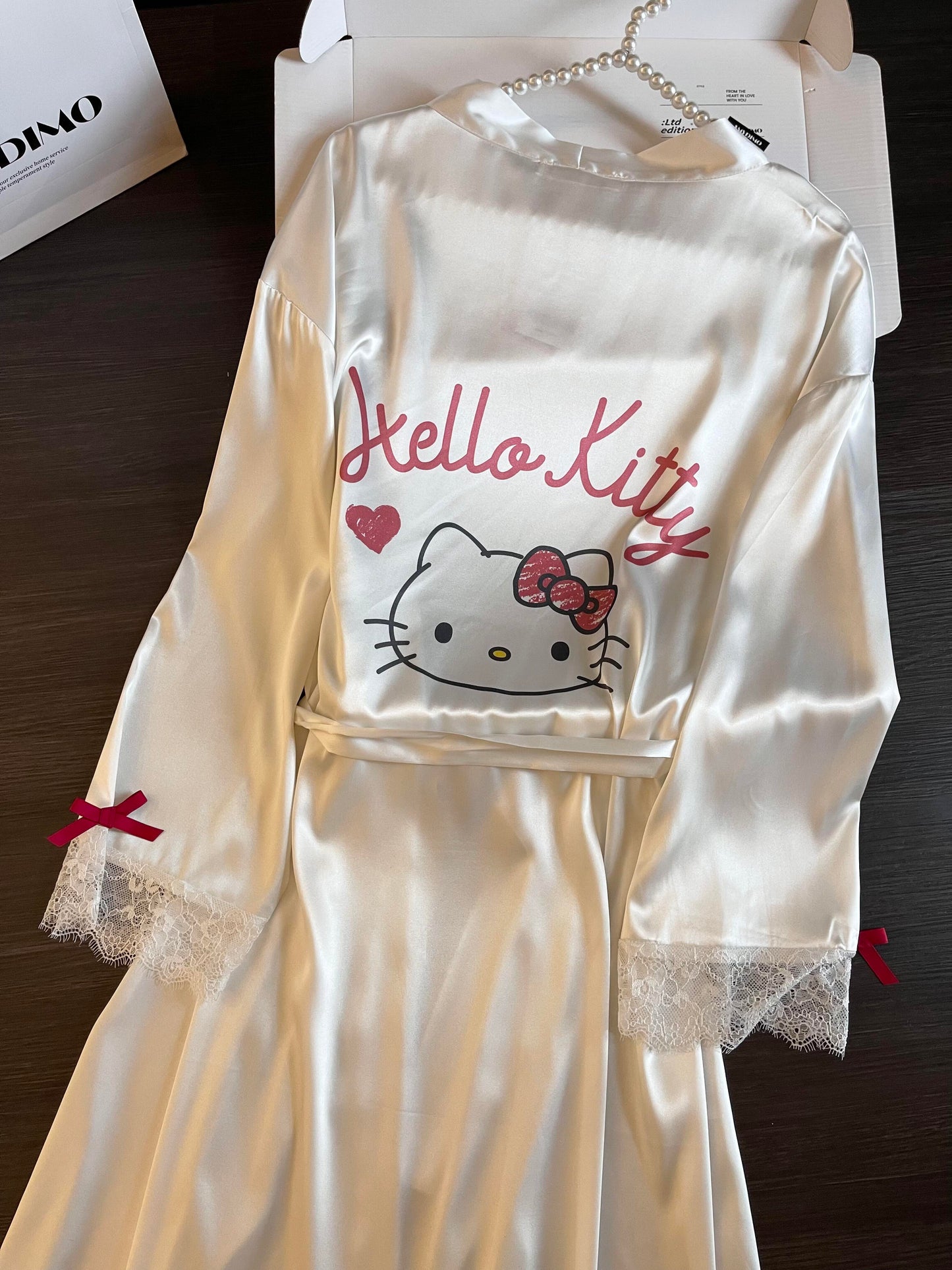 Hellokitty White Satin Robes with Nightgown Pajamas Sleepwear Camisole Gown Set