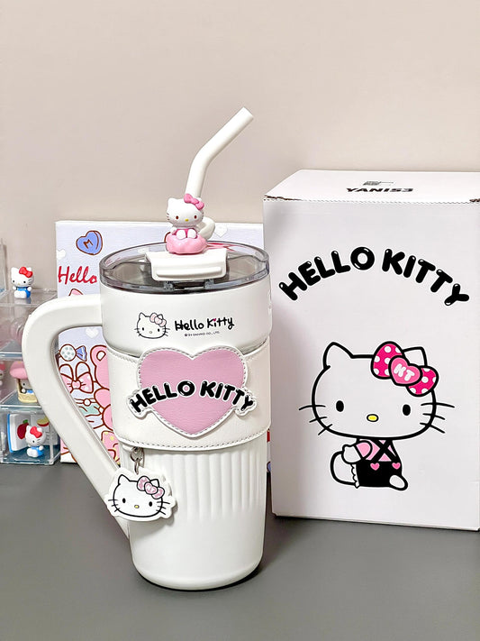 Sanrio 40 oz Tumbler with Handle & Carrier Bag, Stainless Steel Insulated Cup with Lid & Straw Gym Water Bottle Cupholder Friendly Women Travel Mug with Sleeve Holder