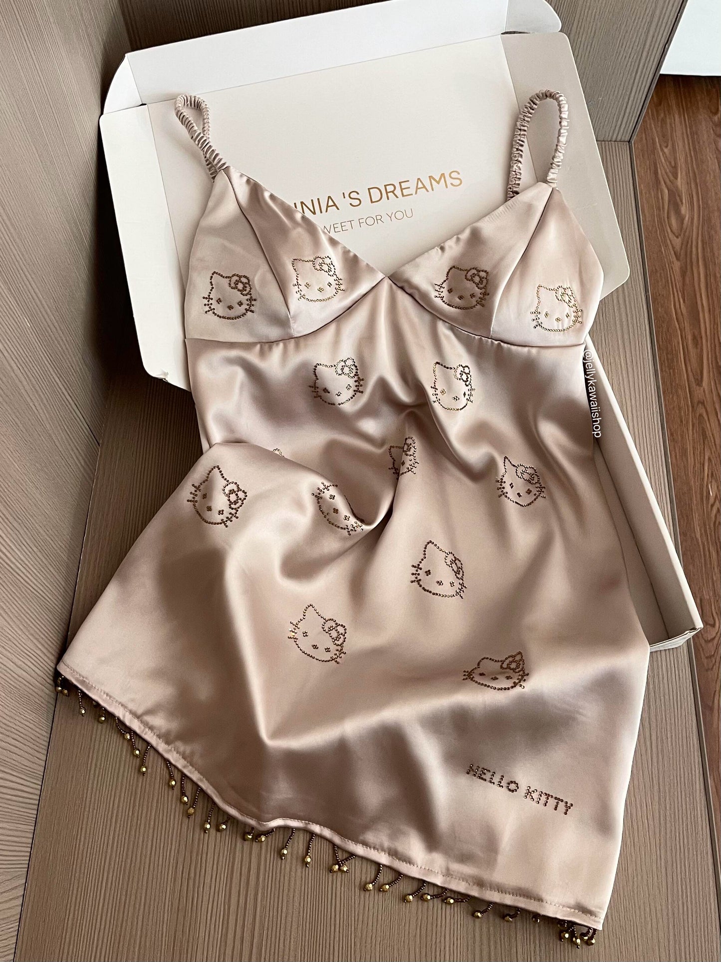 Hellokitty Champagne Satin Strapless Nightgown Sleep Dress【Pre-sale】