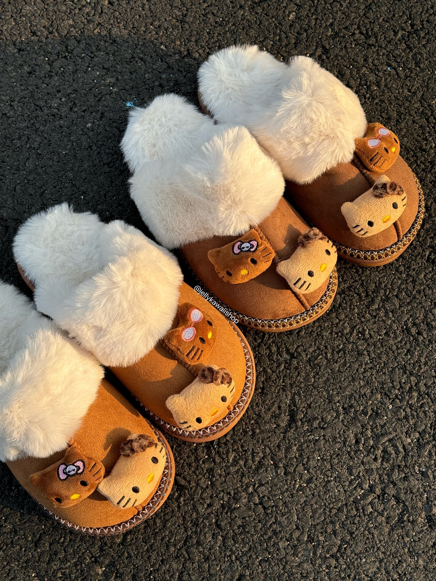 Hellokitty Fuzzy Brown Slippers Fluffy Winter House Shoes Indoor and Outdoor