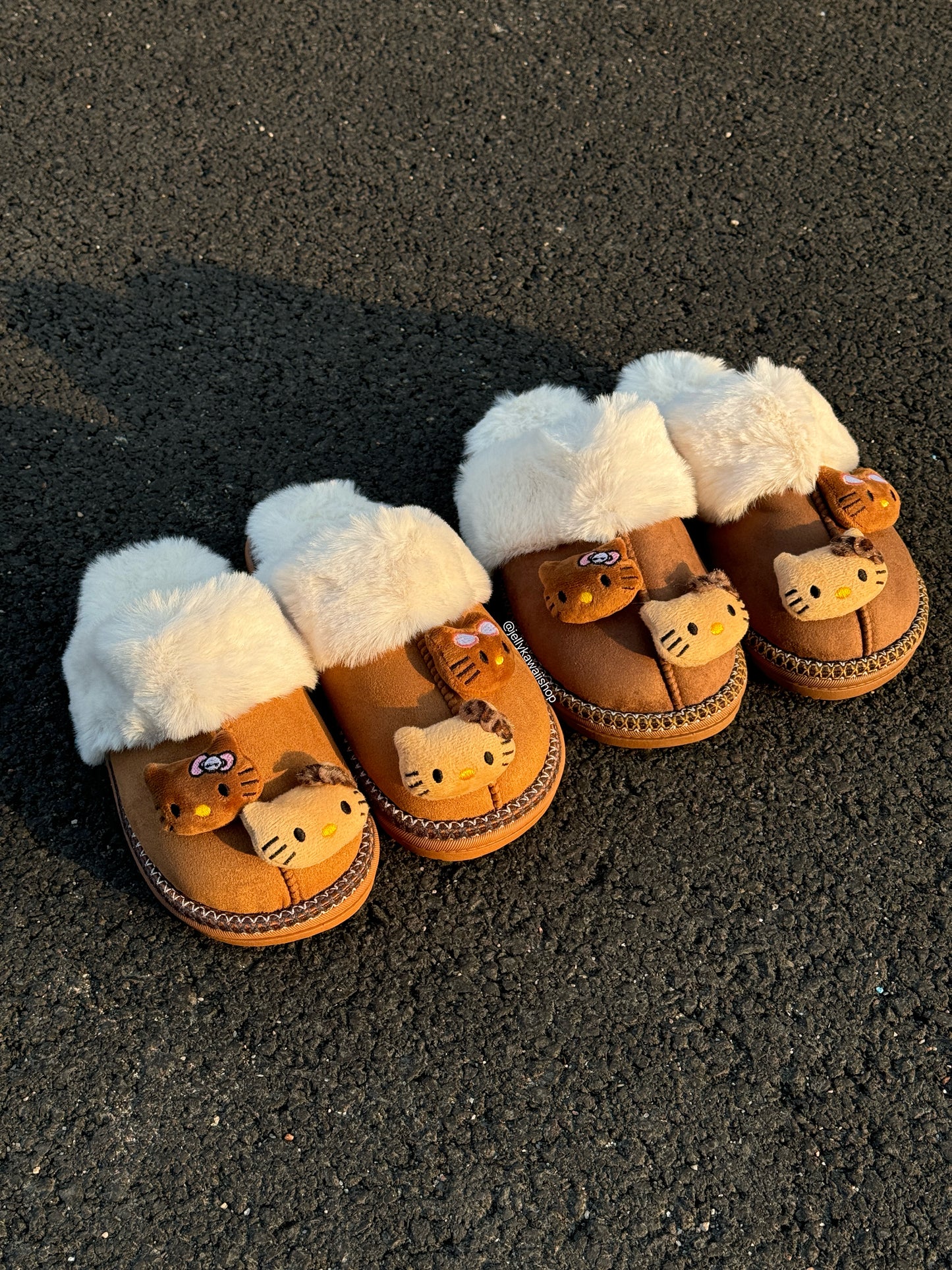 Hellokitty Fuzzy Brown Slippers Fluffy Winter House Shoes Indoor and Outdoor