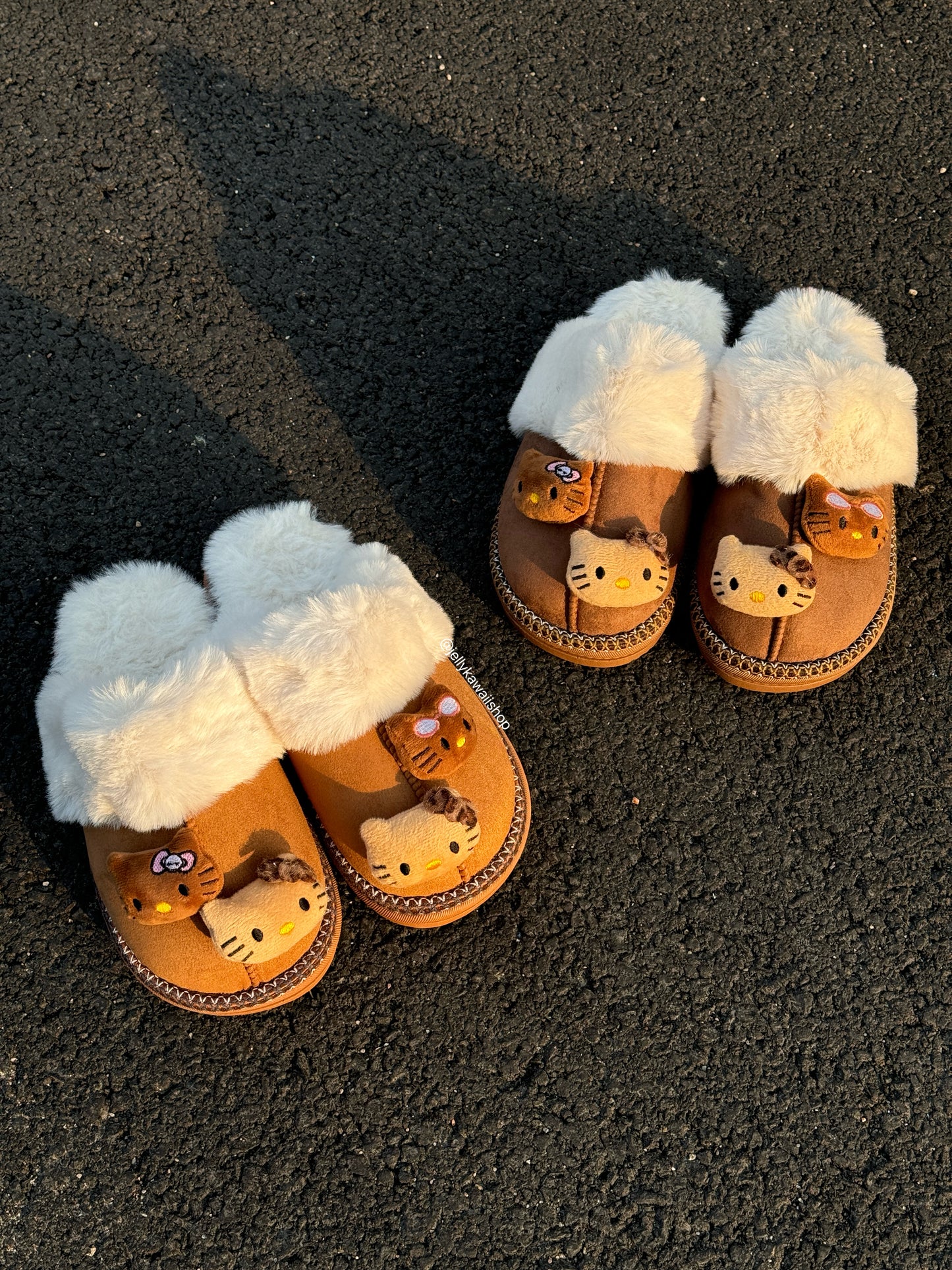 Hellokitty Fuzzy Brown Slippers Fluffy Winter House Shoes Indoor and Outdoor