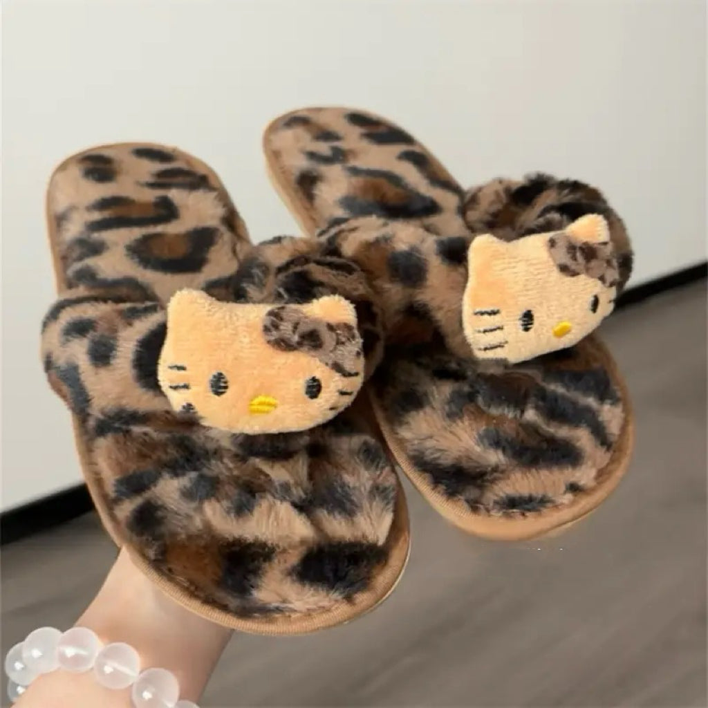 Hellokitty Leopard Print Cute Plush Fluffy Flip-flops Slippers