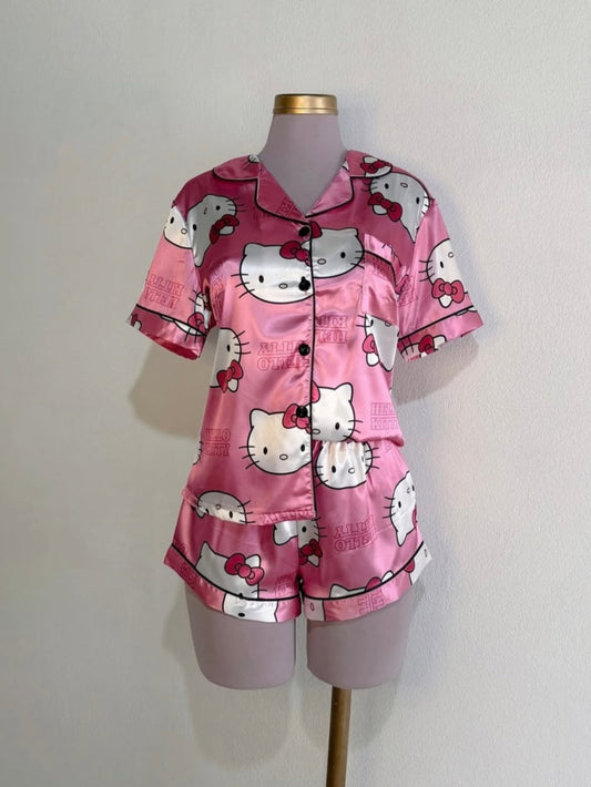 Sanrio Womens Silk Satin Pajama Sets Short Sleeve Button Down Sleepwear Cozy Loungewear 2 Piece Pjs Shorts Set （S-XXXL）