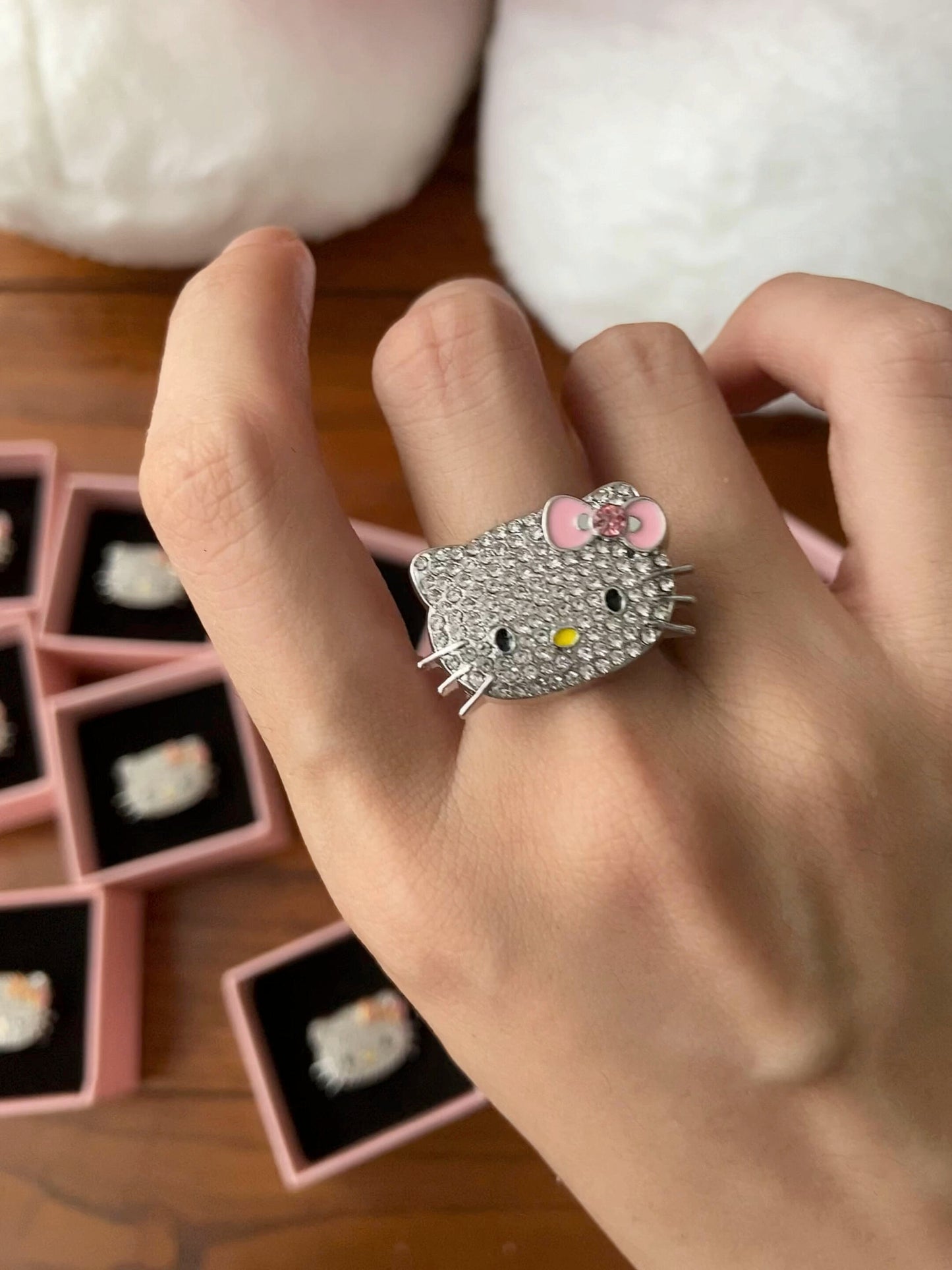 Hellokitty Cute Rhinestone Open Adjustable Ring Jewelry Gift