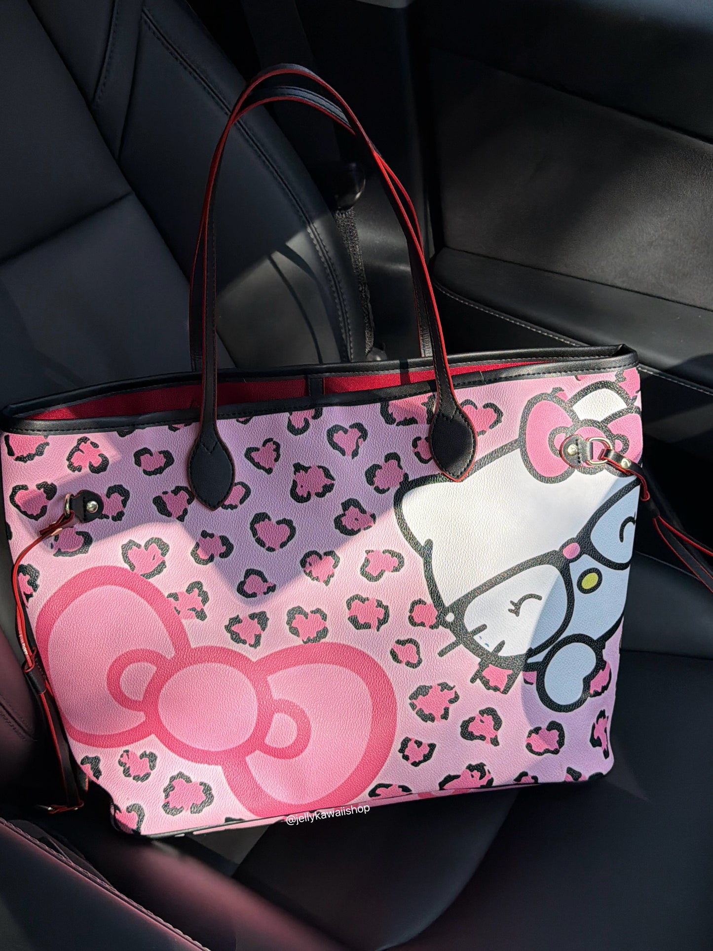 Hellokitty Pink Leopard Print Pu Leather Tote Bag