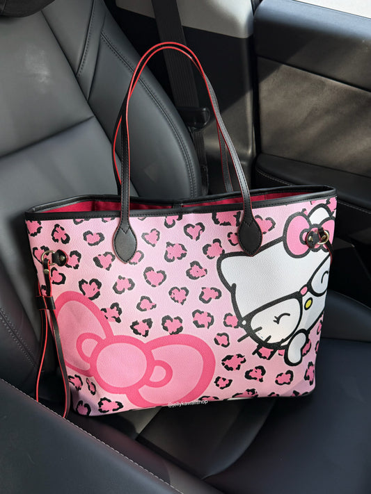 Hellokitty Pink Leopard Print Pu Leather Tote Bag