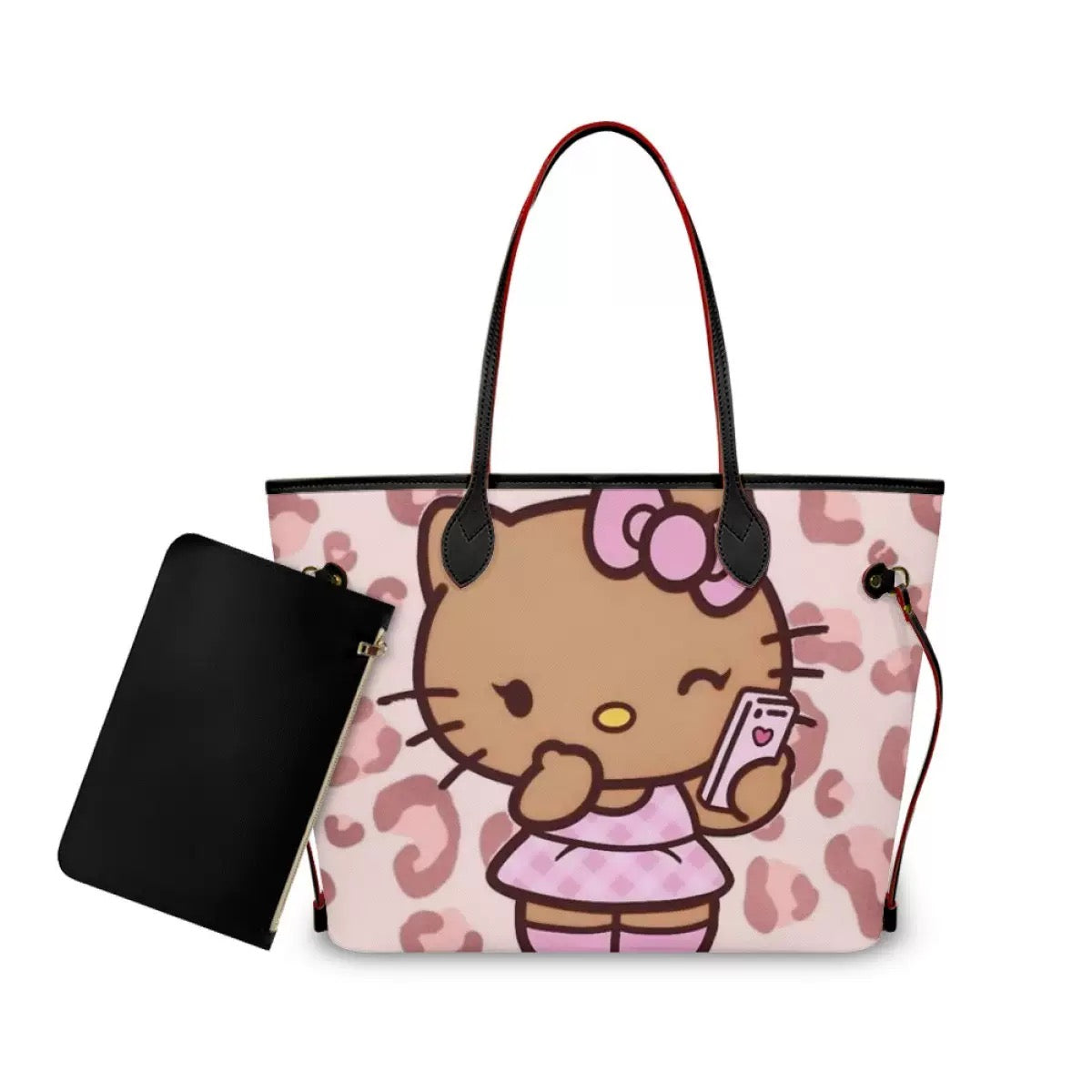 Hellokitty Pink Leopard Print Pu Leather Tote Bag
