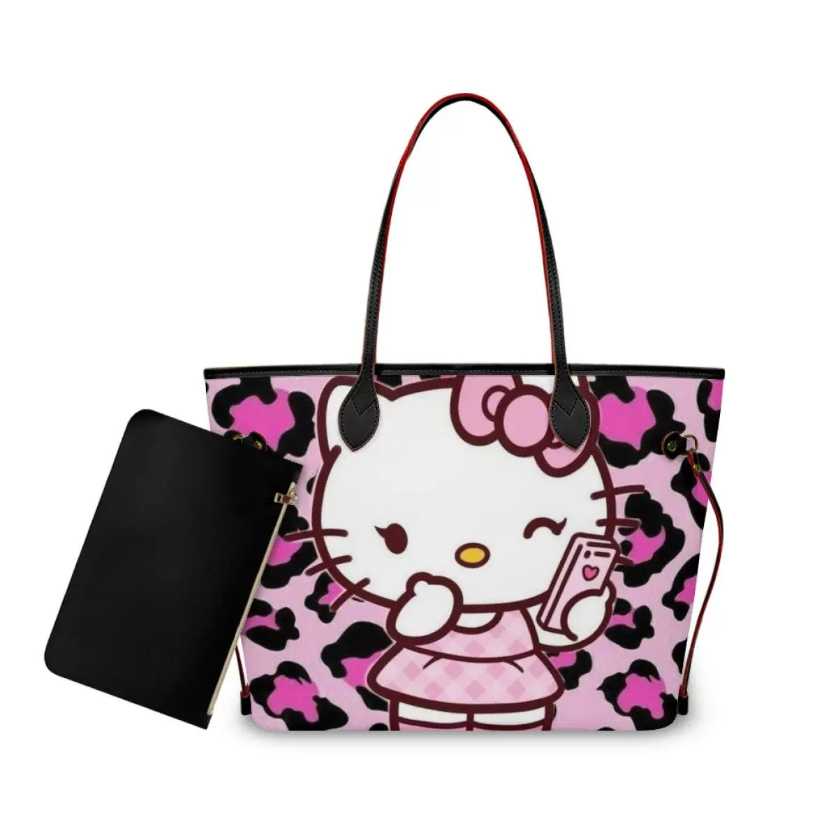 Hellokitty Pink Leopard Print Pu Leather Tote Bag