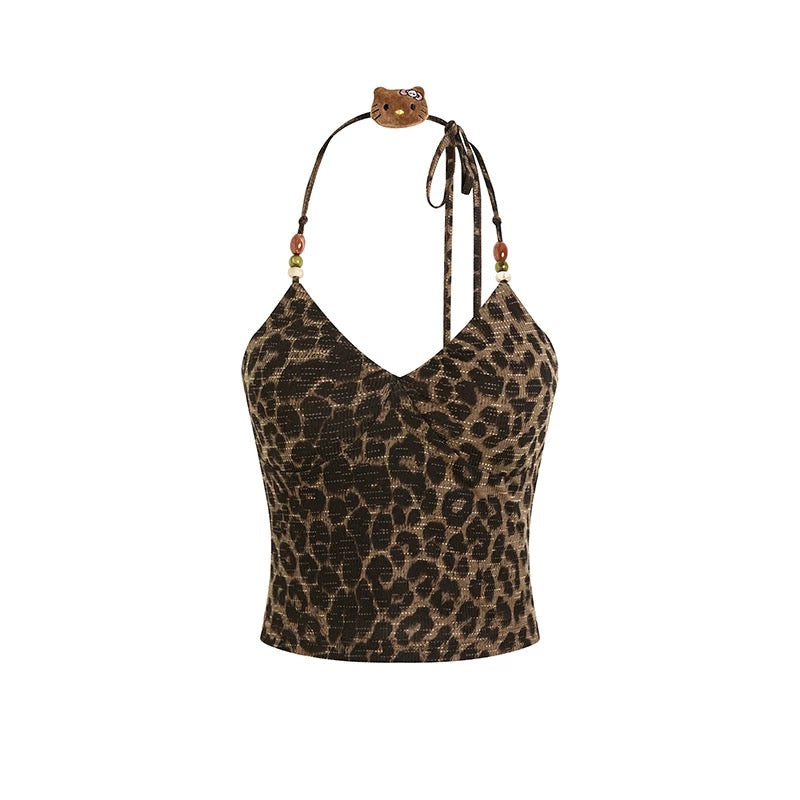 Tan Hellokitty Women's Leopard Print Cami Crop Top Halter Tie Backless Y2k Tops