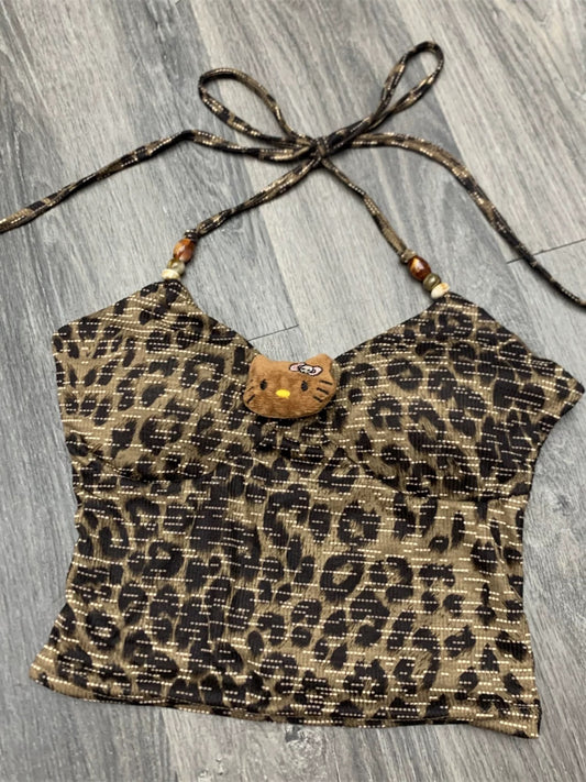 Tan Hellokitty Women's Leopard Print Cami Crop Top Halter Tie Backless Y2k Tops