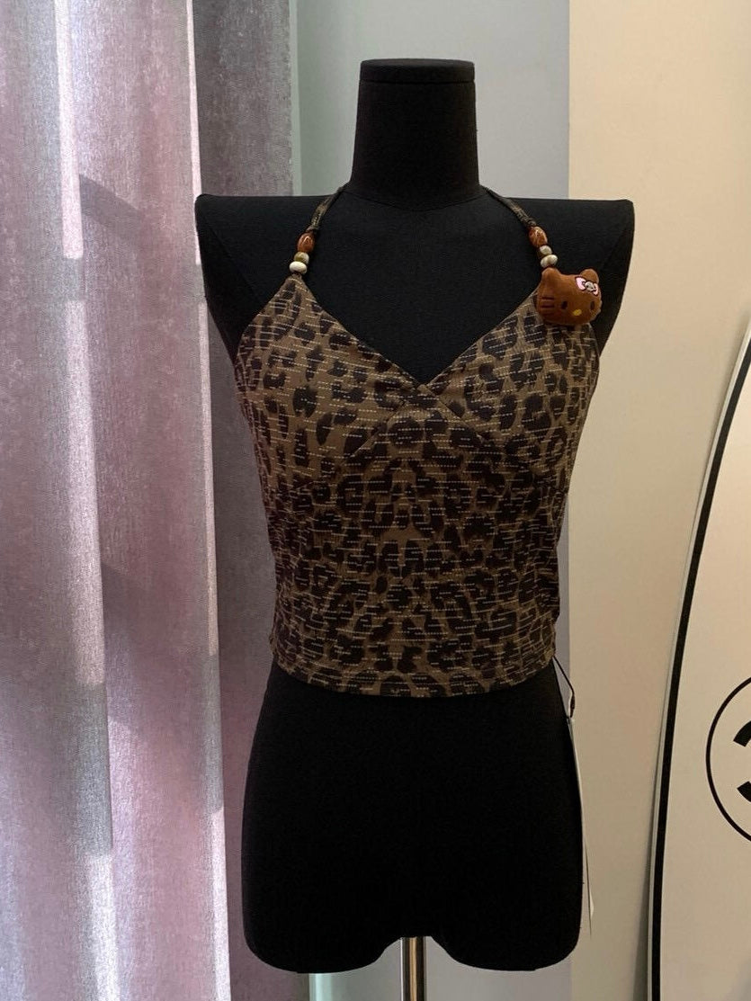 Tan Hellokitty Women's Leopard Print Cami Crop Top Halter Tie Backless Y2k Tops