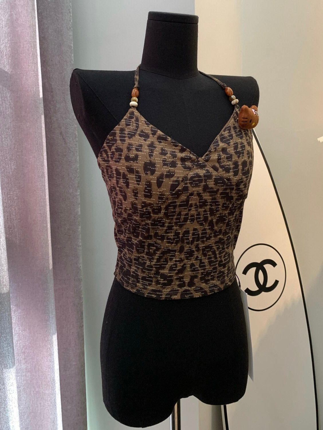 Tan Hellokitty Women's Leopard Print Cami Crop Top Halter Tie Backless Y2k Tops