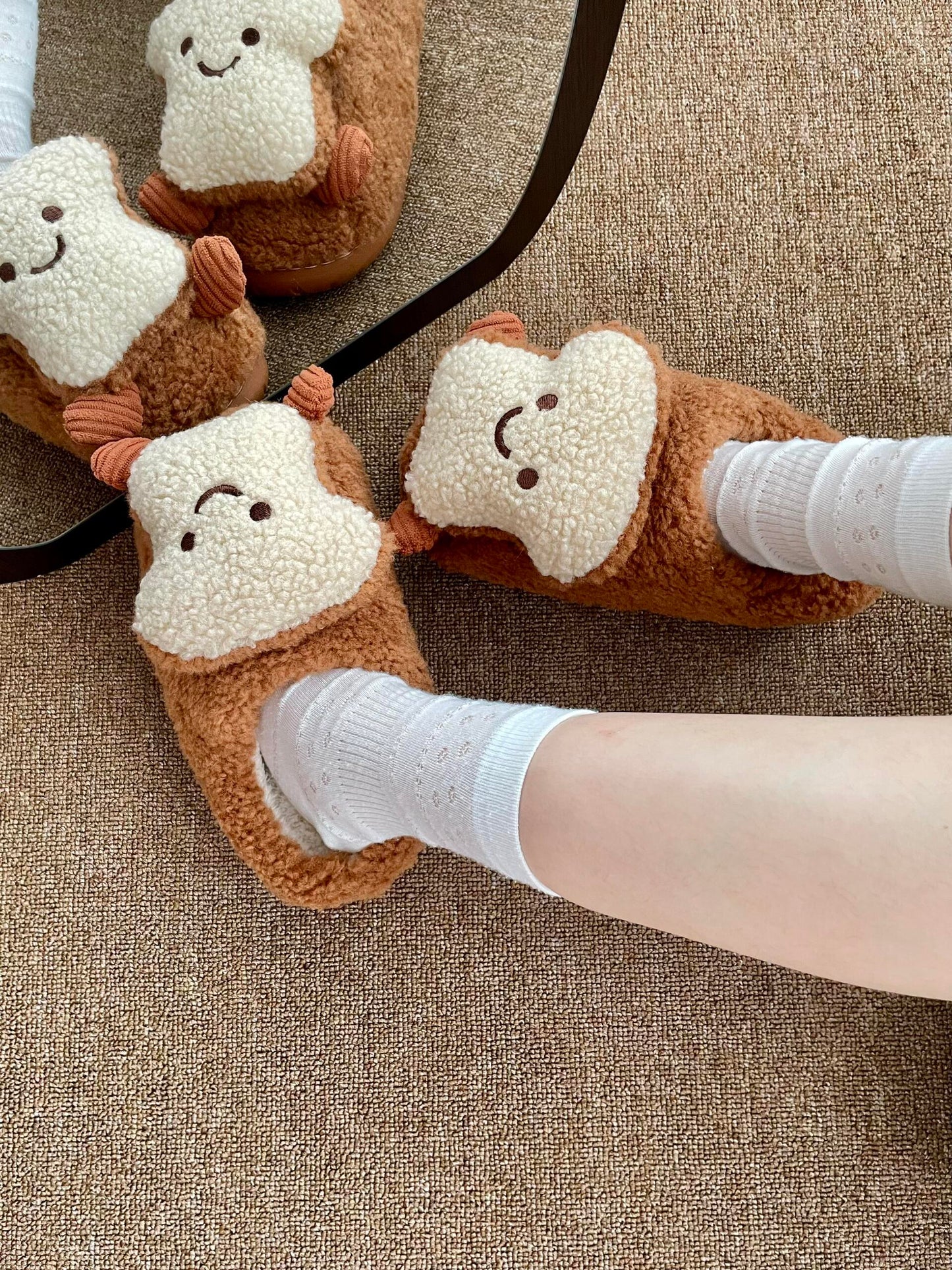 Girly Fuzzy Fluffy Comfy Plush Toast Slippers