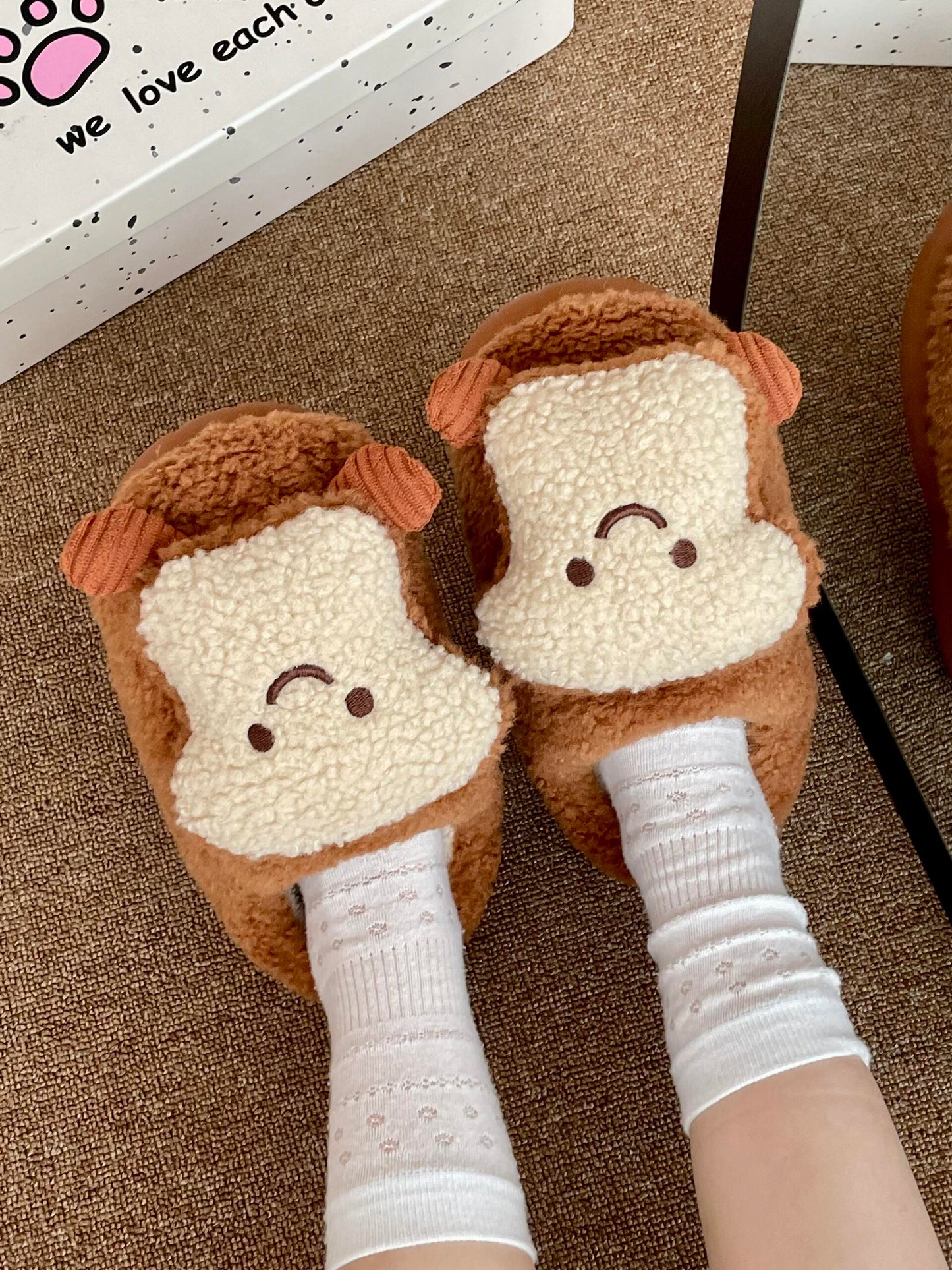 Girly Fuzzy Fluffy Comfy Plush Toast Slippers