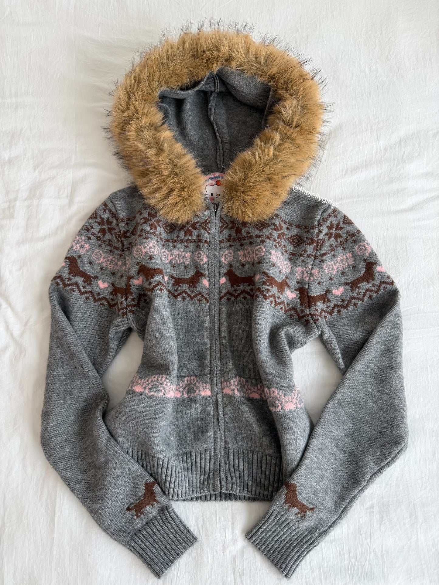 Girly Zip Up Hooded Cardigan Sweater with Fur Hood Jackets Knitted Drop Shoulder Fall Clothes Winter Hoodies Outerwear