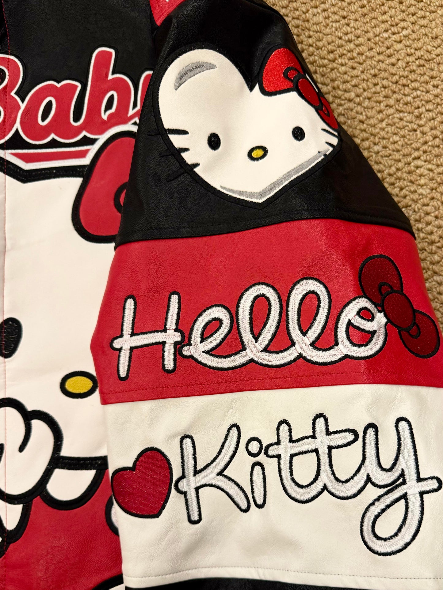Hellokitty Red and Black Faux Leather Jacket Oversized Racing Motorcycle Jackets Moto Coats Unisex Trendy Streetwear Jacket