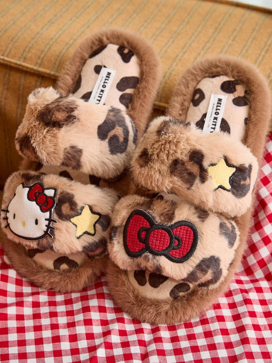 Hellokitty Leopard Print Fluffy Plush Slippers House Slippers Indoor Slippers for Women