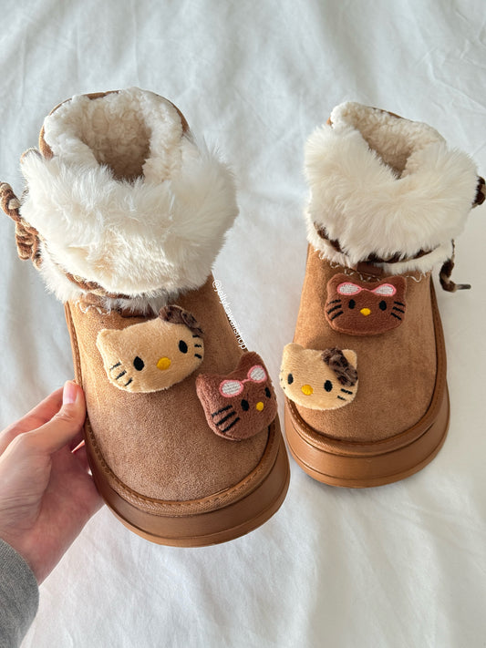 Hellokitty Cute Pompon Lace Up Fur Winter Snow Boots Fluffy Boots Shoes