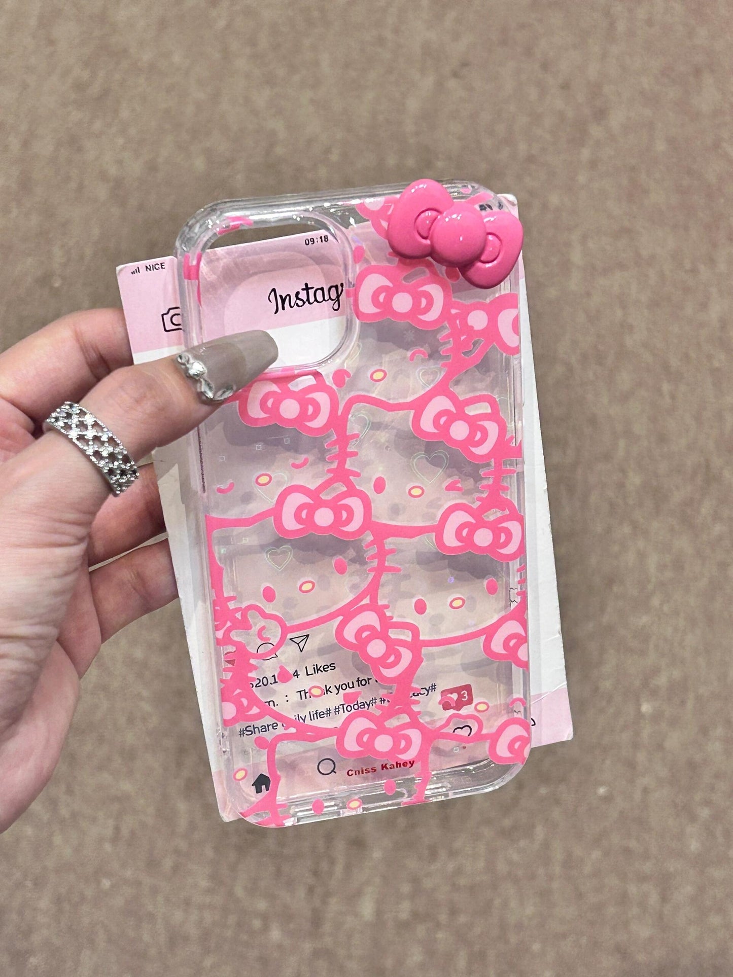 Hellokitty Pink 3D Bow Clear Holographic Subtle Heart Cute Kawaii Phone Case