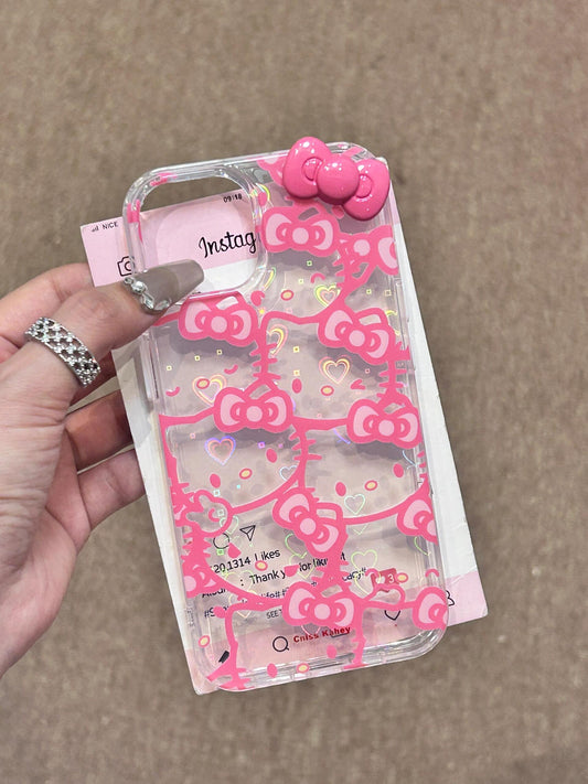 Hellokitty Pink 3D Bow Clear Holographic Subtle Heart Cute Kawaii Phone Case