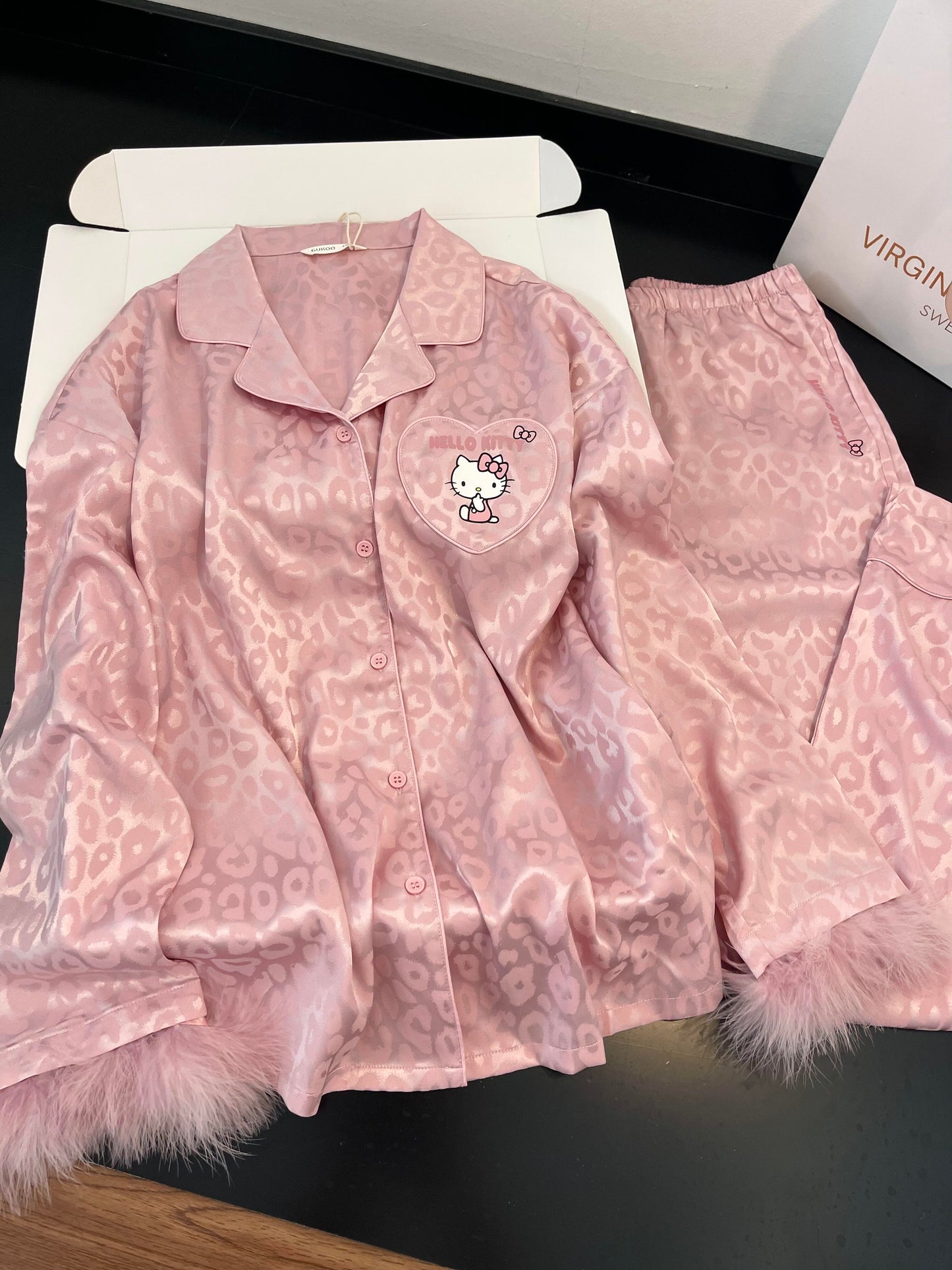 Hellokitty Pink Leopard Print Satin Women's Pajamas Long Sleeve Sleepwear Button Down Loungewear Soft Pjs Set