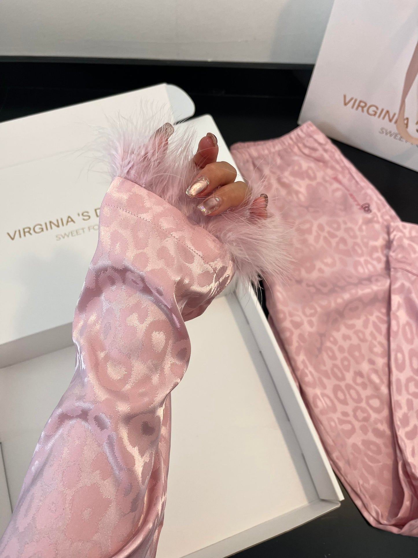 Hellokitty Pink Leopard Print Satin Women's Pajamas Long Sleeve Sleepwear Button Down Loungewear Soft Pjs Set