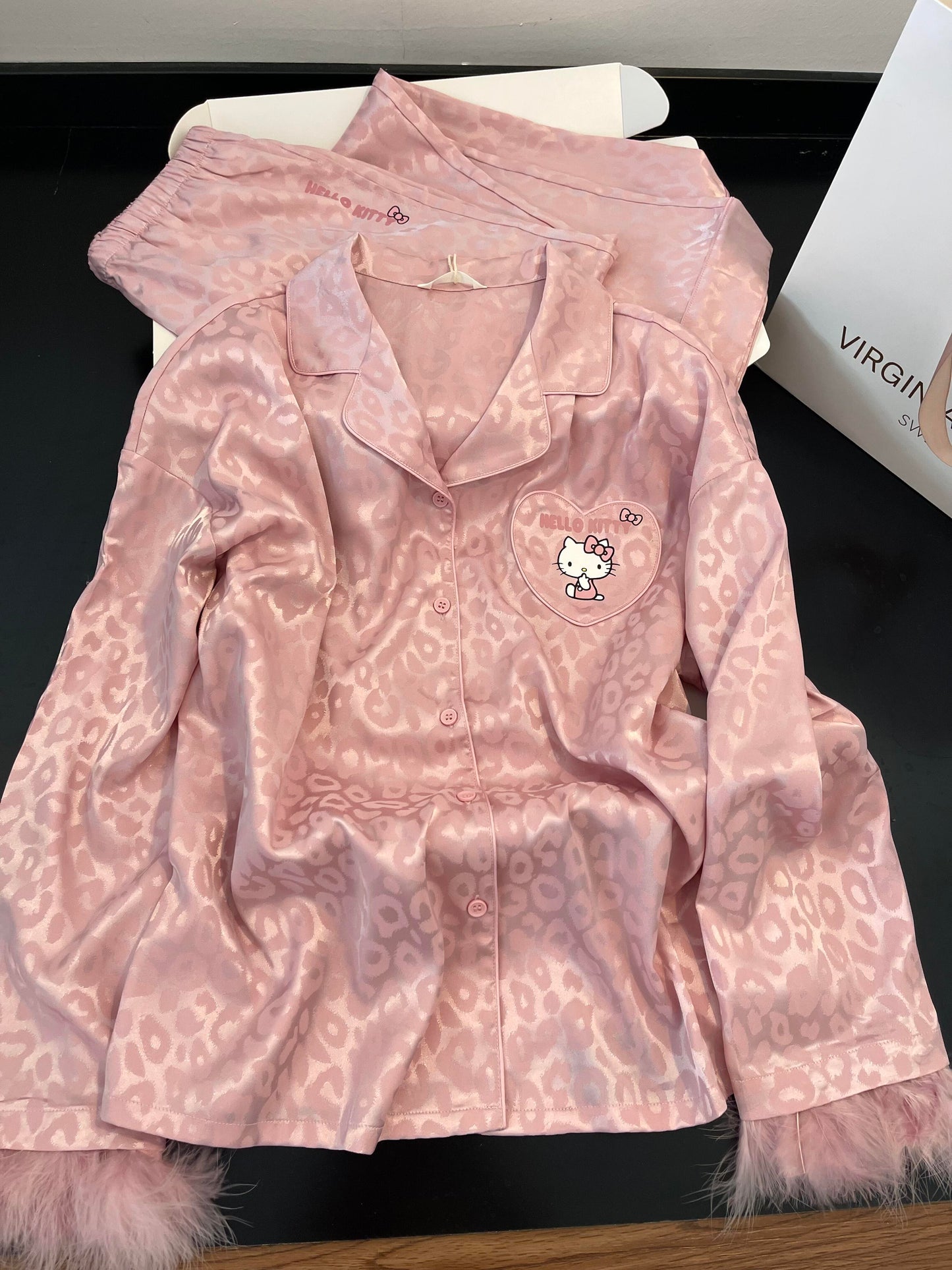 Hellokitty Pink Leopard Print Satin Women's Pajamas Long Sleeve Sleepwear Button Down Loungewear Soft Pjs Set