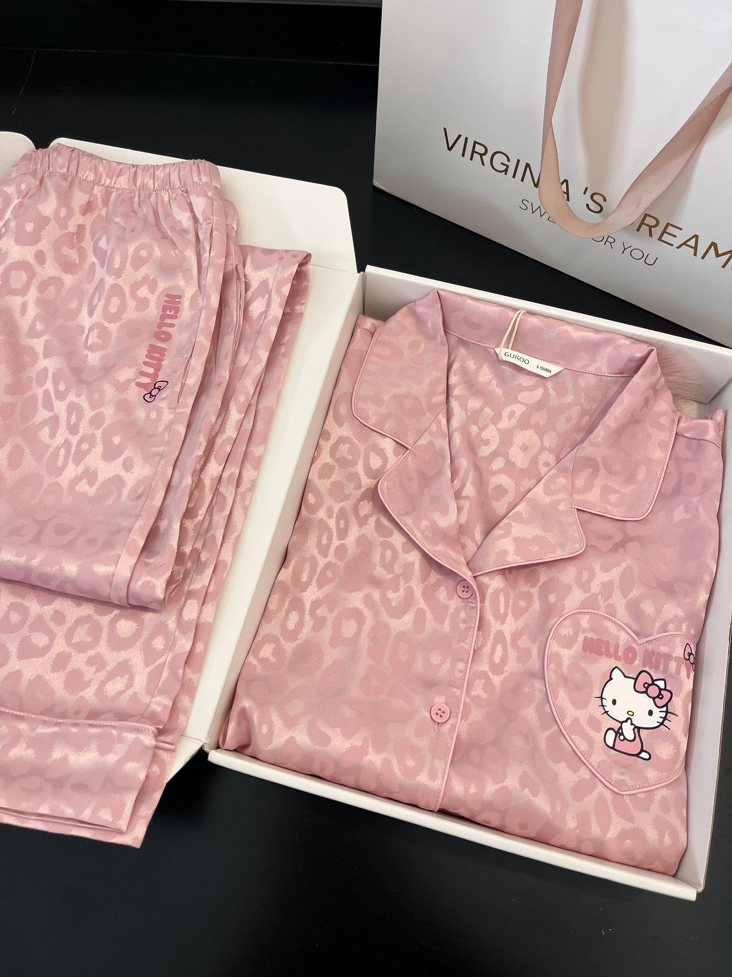 Hellokitty Pink Leopard Print Satin Women's Pajamas Long Sleeve Sleepwear Button Down Loungewear Soft Pjs Set