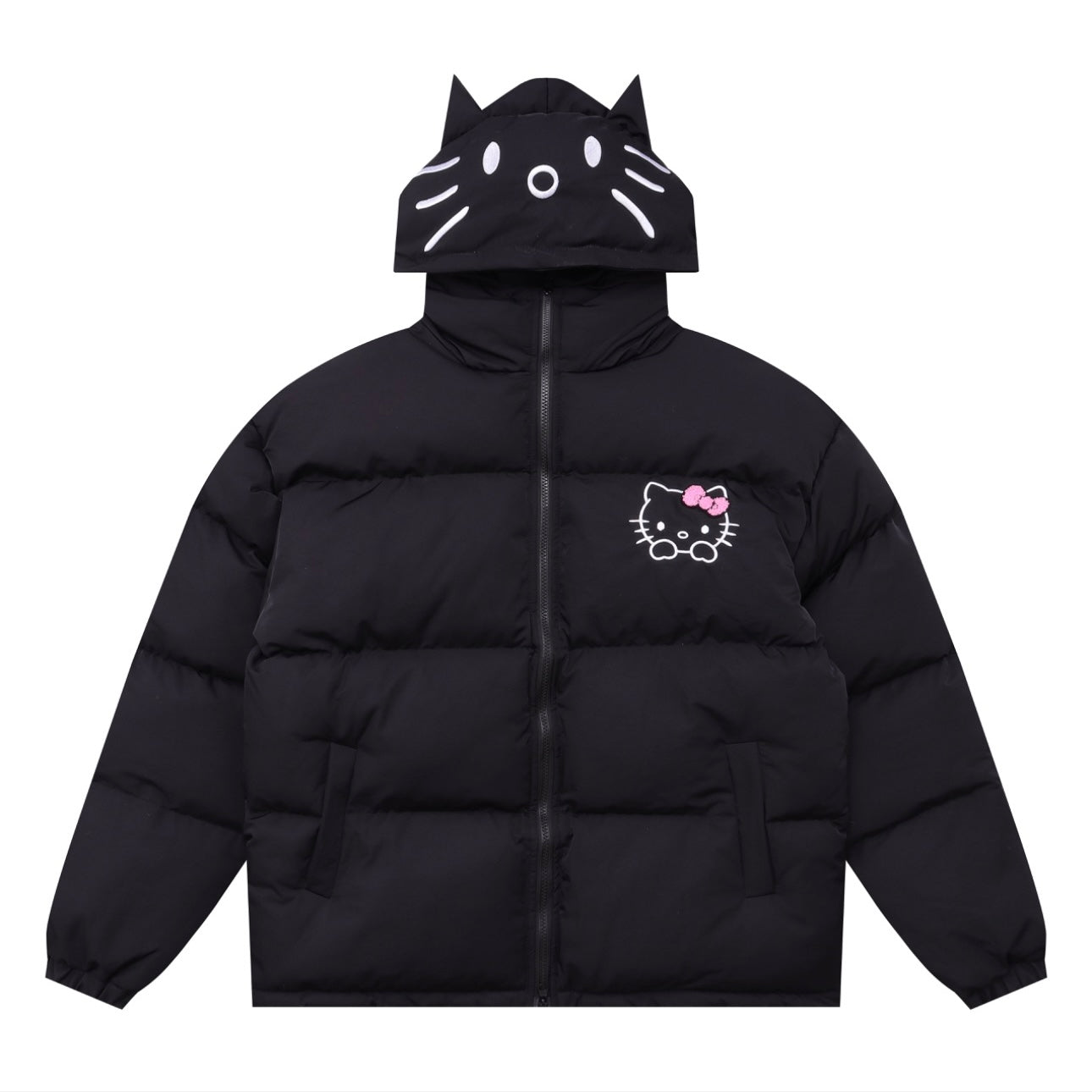 Hellokitty Winter Long Sleeve Zip Hooded Puffer Jacket Coat Pockets Baggy Short Down Coat