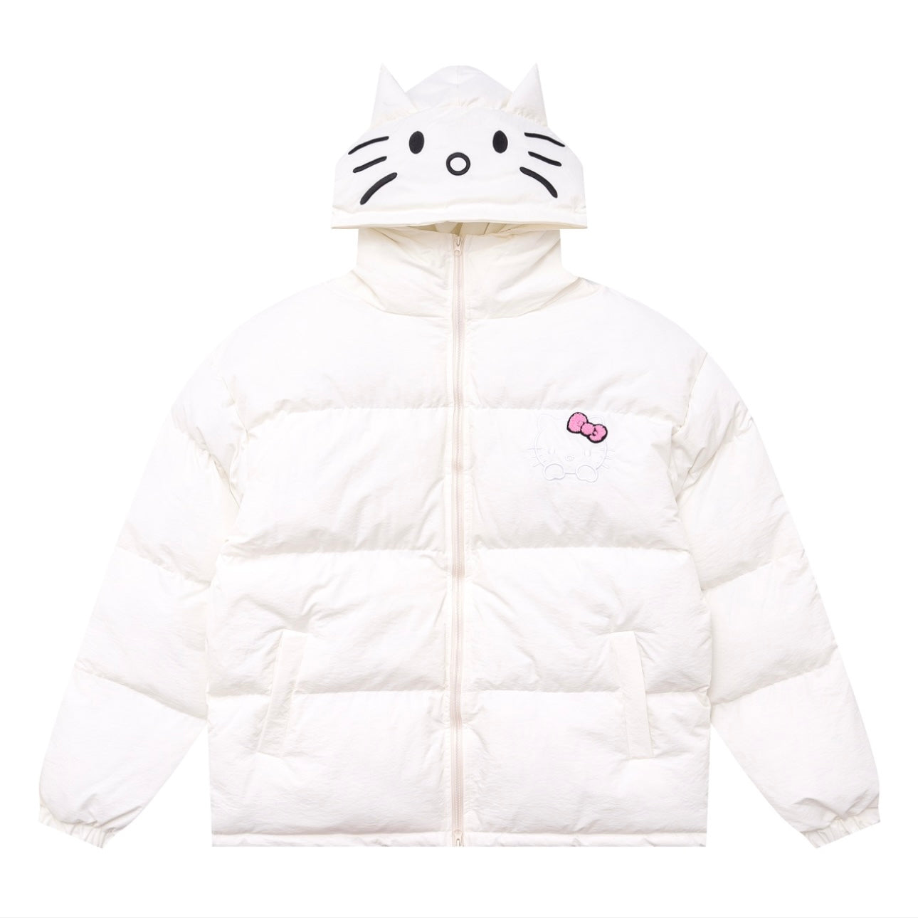 Hellokitty Winter Long Sleeve Zip Hooded Puffer Jacket Coat Pockets Baggy Short Down Coat