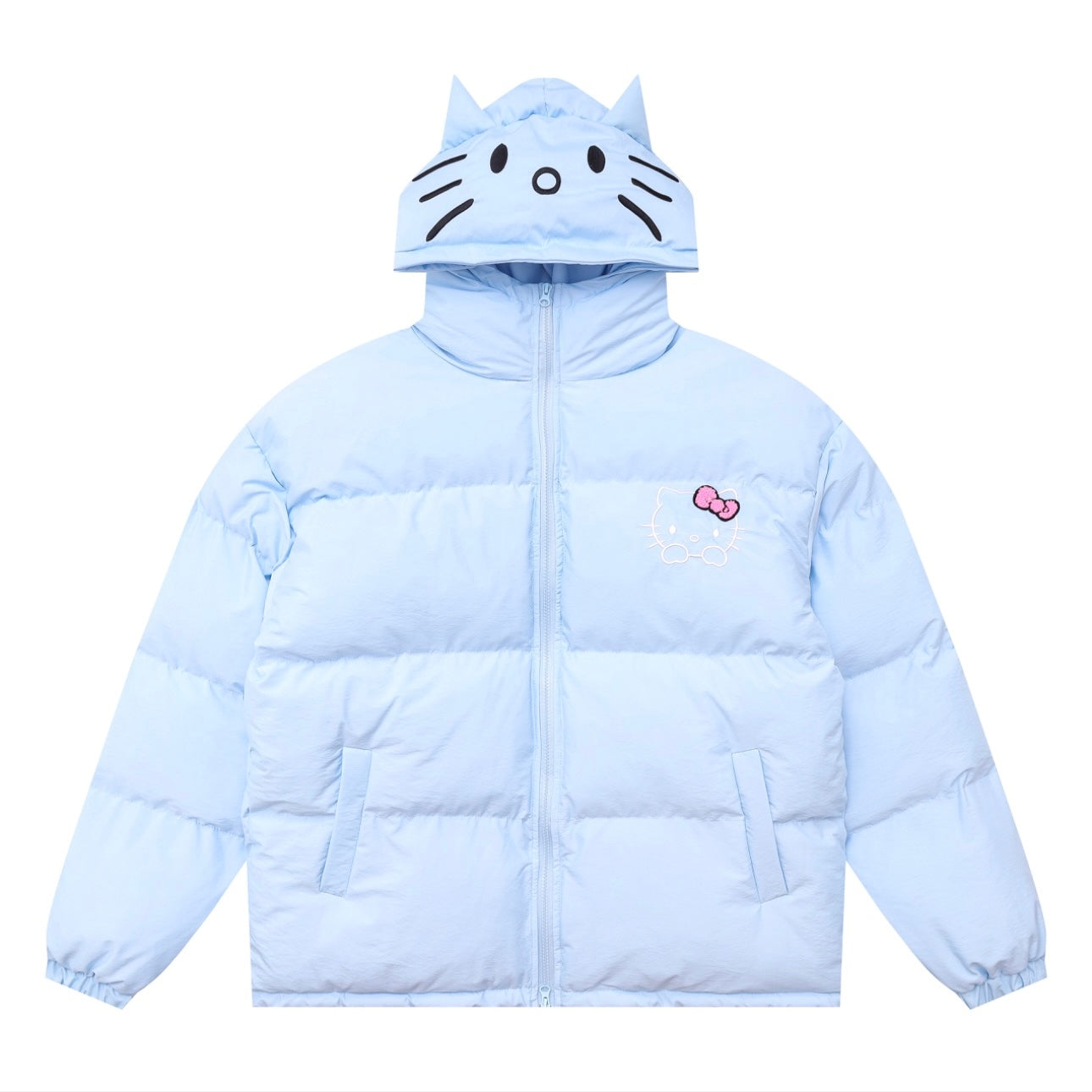 Hellokitty Winter Long Sleeve Zip Hooded Puffer Jacket Coat Pockets Baggy Short Down Coat