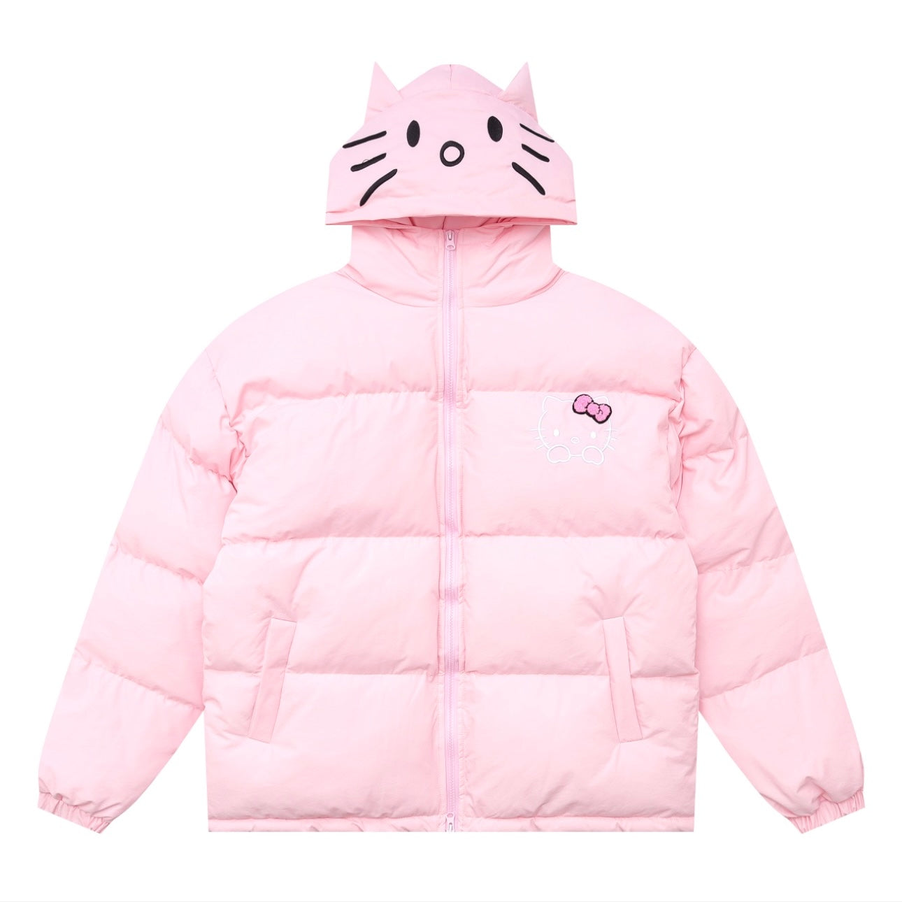 Hellokitty Winter Long Sleeve Zip Hooded Puffer Jacket Coat Pockets Baggy Short Down Coat