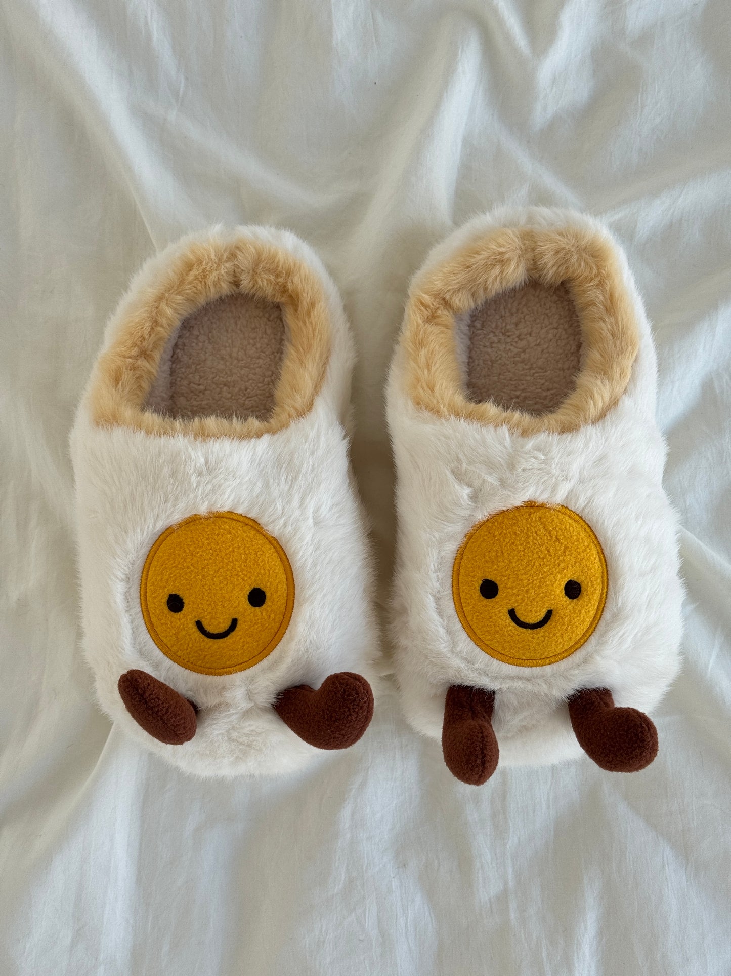 Fried Egg Jellycat Fuzzy Scuff Slippers Soft Comfy Memory Foam Non-slip Indoor House Shoes