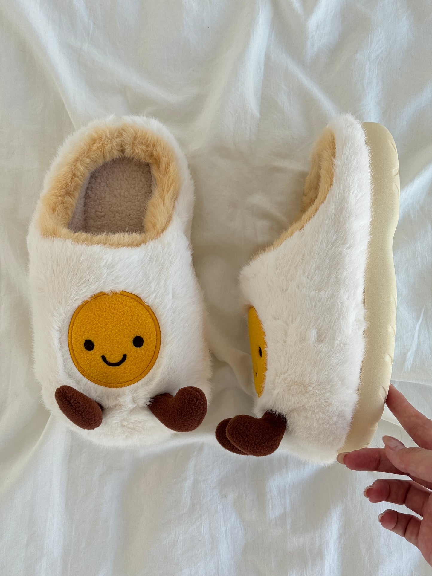 Fried Egg Jellycat Fuzzy Scuff Slippers Soft Comfy Memory Foam Non-slip Indoor House Shoes