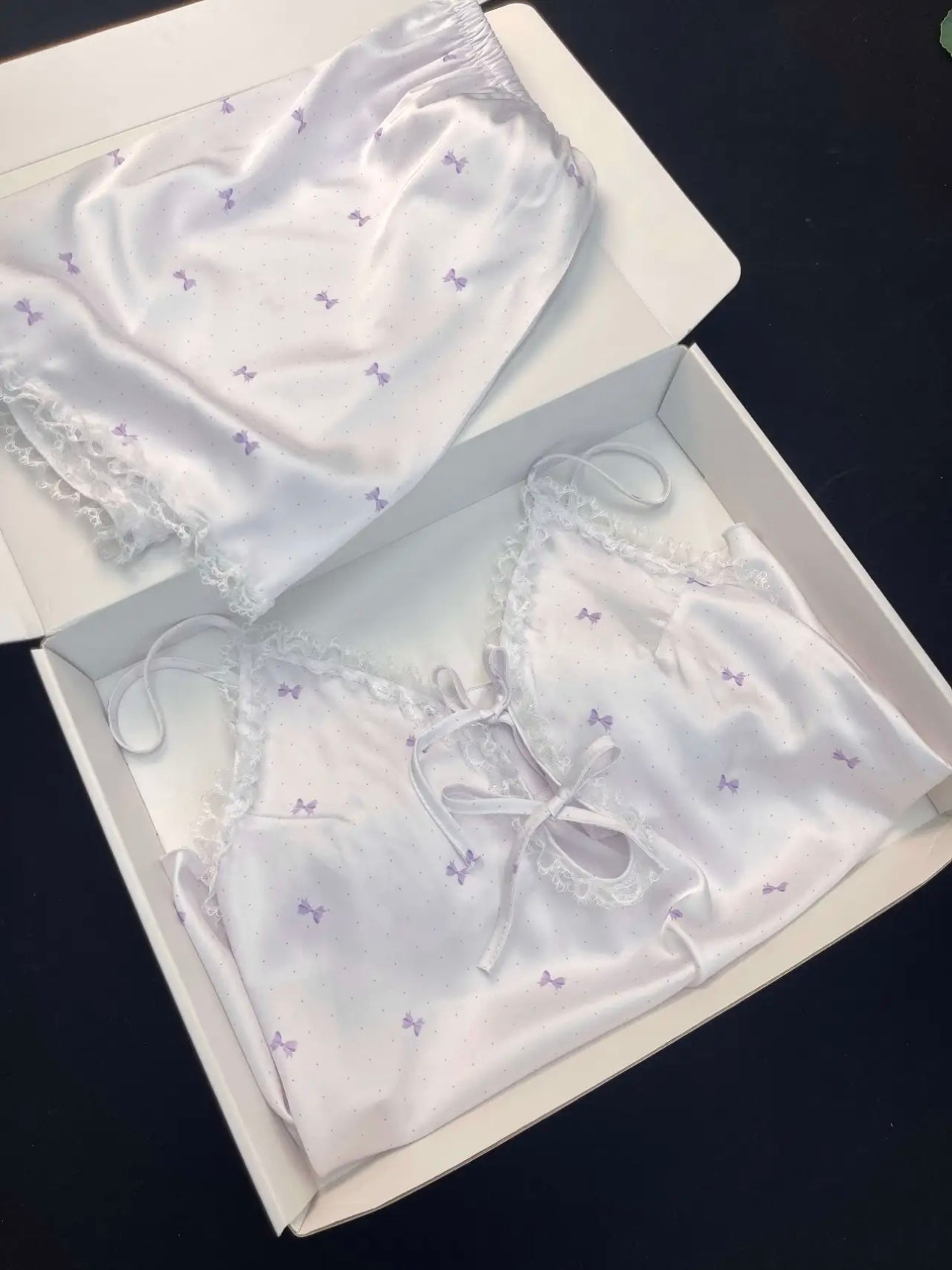 Pink Bow Print Satin Pajama Set for Women 2 Piece Silky Lingerie Sleepwear Camisole Pj Shorts Set Soft Nightwear