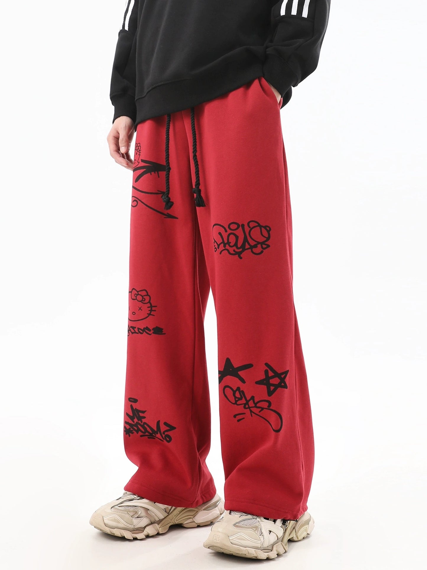 Hellokitty Drawstring High Waisted Wide Leg Long Pants Casual Sweatpants