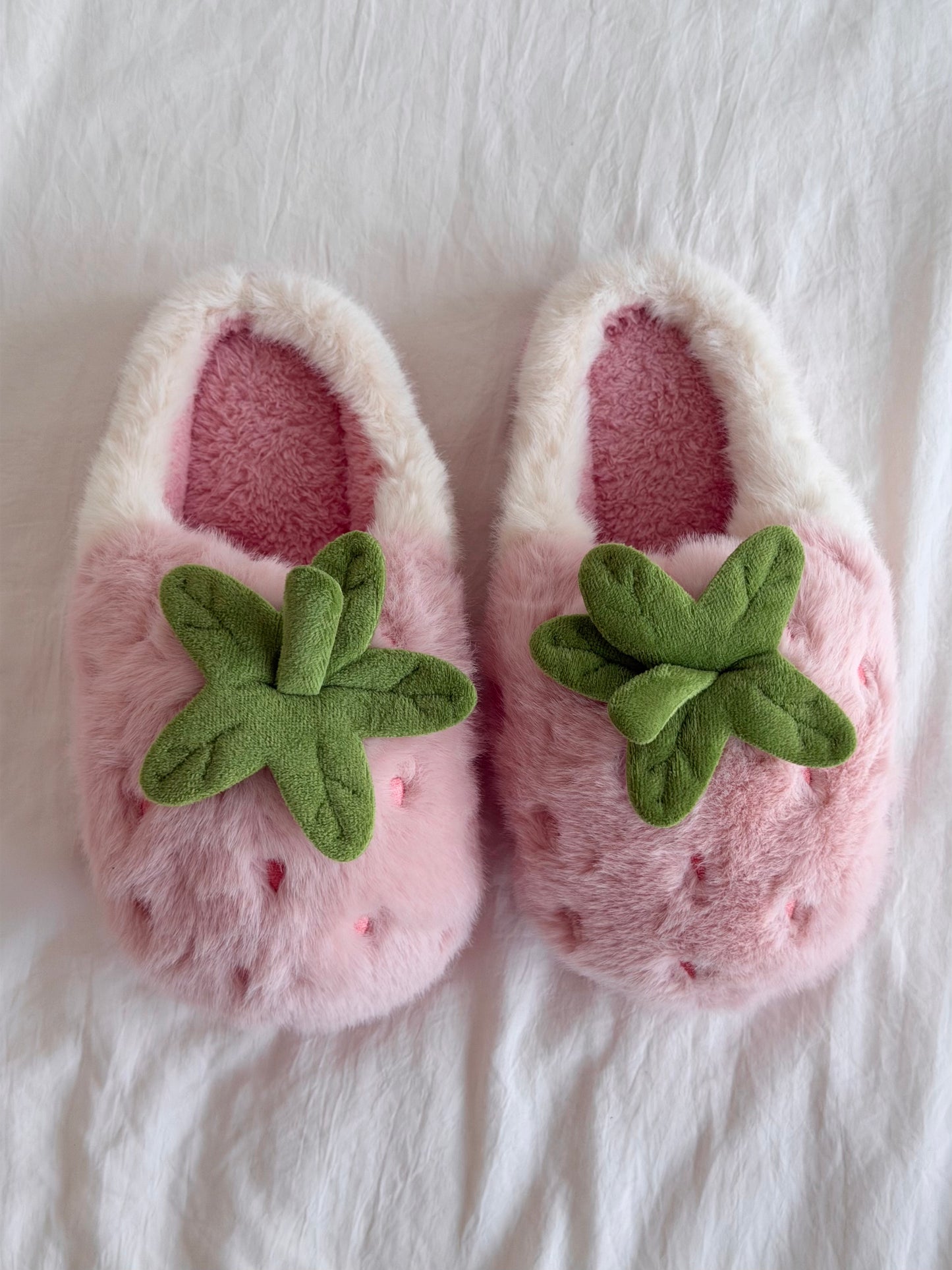 Girly Fuzzy Fluffy Comfy Plush Strawberry Slippers