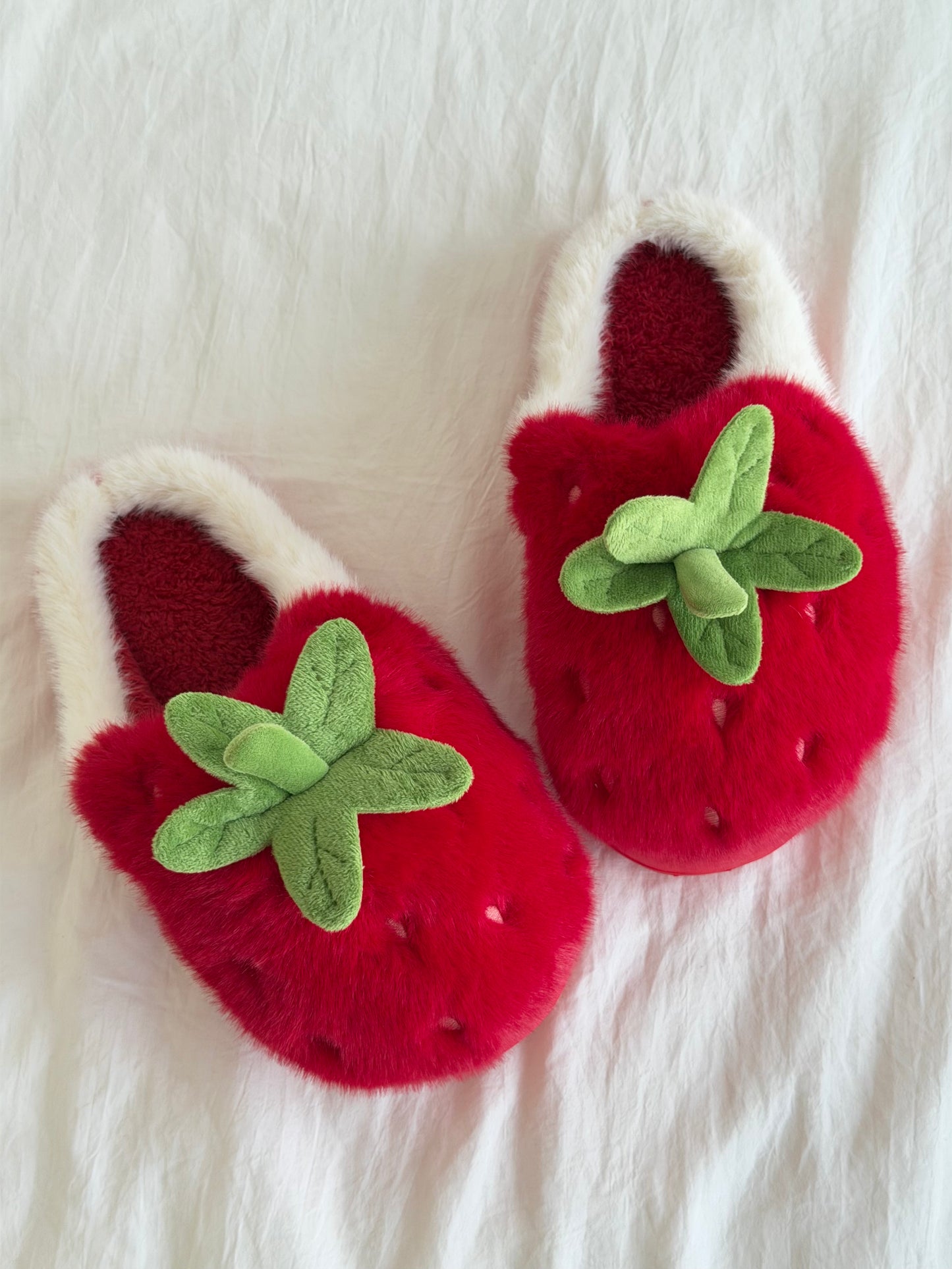 Girly Fuzzy Fluffy Comfy Plush Strawberry Slippers