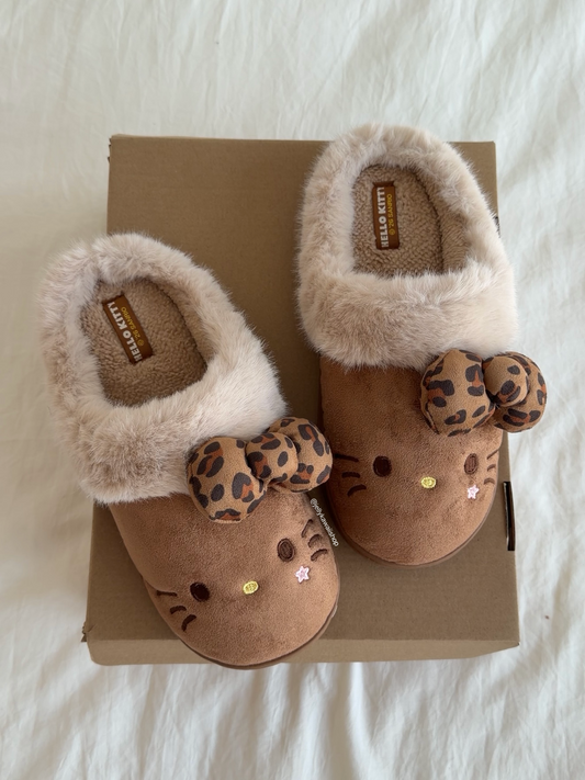 Hello Kitty Leopard Print Bow Fuzzy Slippers