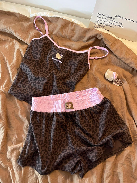 Hellokitty Leopard Print Cotton Cute Short Pajama Set 2 Piece Sleepwear Top with Shorts Pj Set