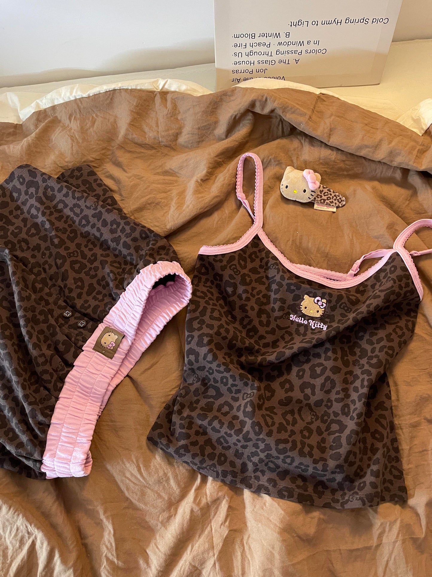 Hellokitty Leopard Print Cotton Cute Short Pajama Set 2 Piece Sleepwear Top with Shorts Pj Set