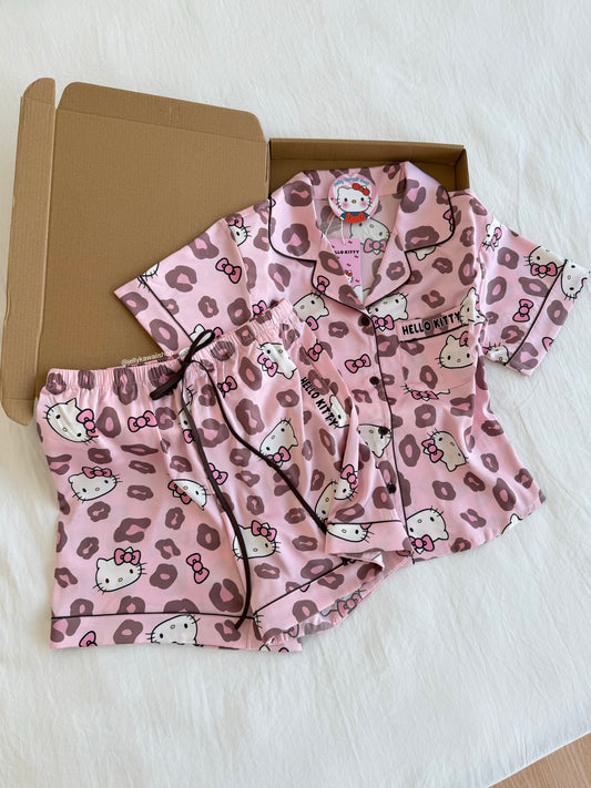 Hellokitty Pink Leopard Print  Satin Pajama Set