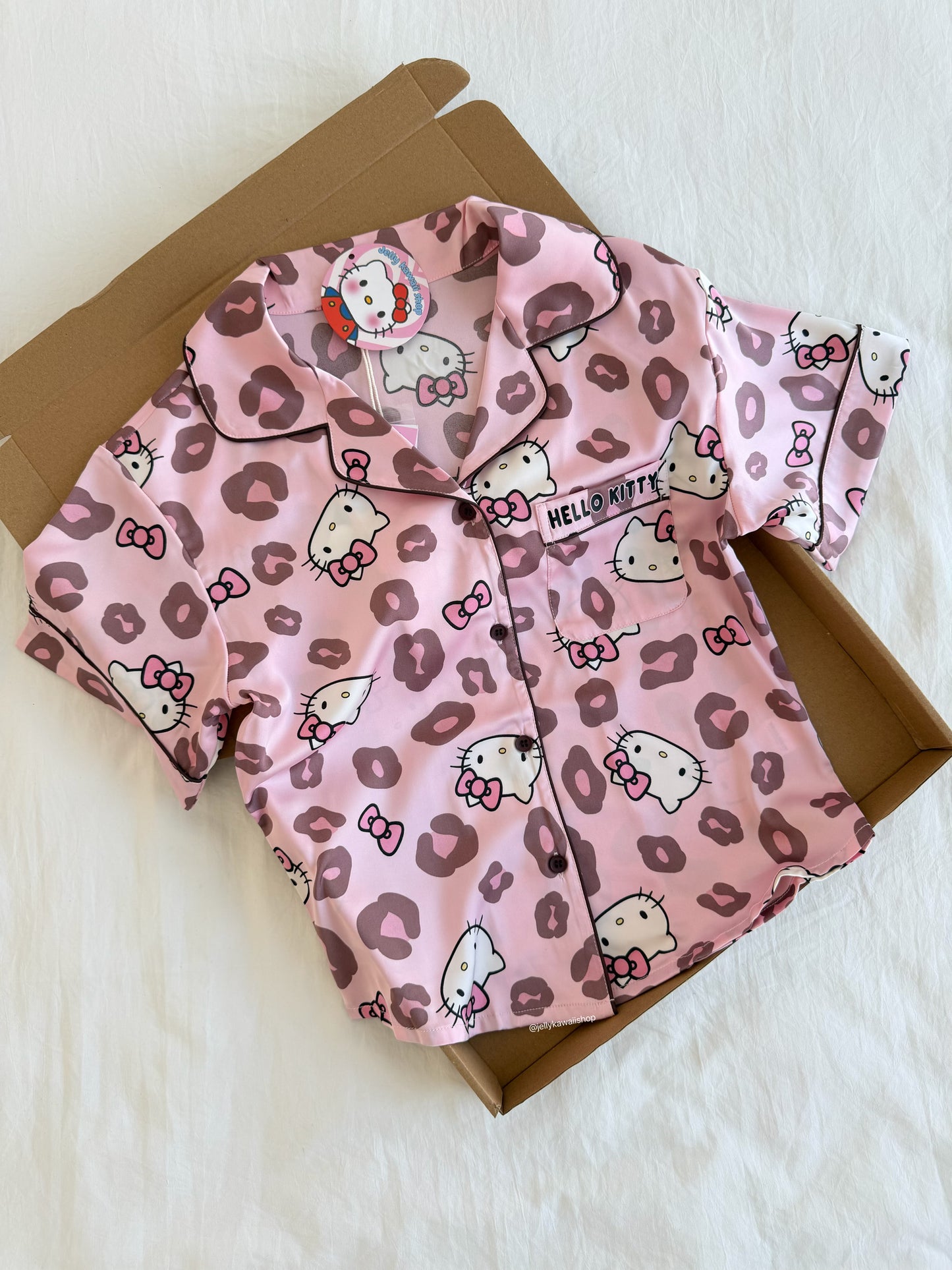 Hellokitty Pink Leopard Print  Satin Pajama Set