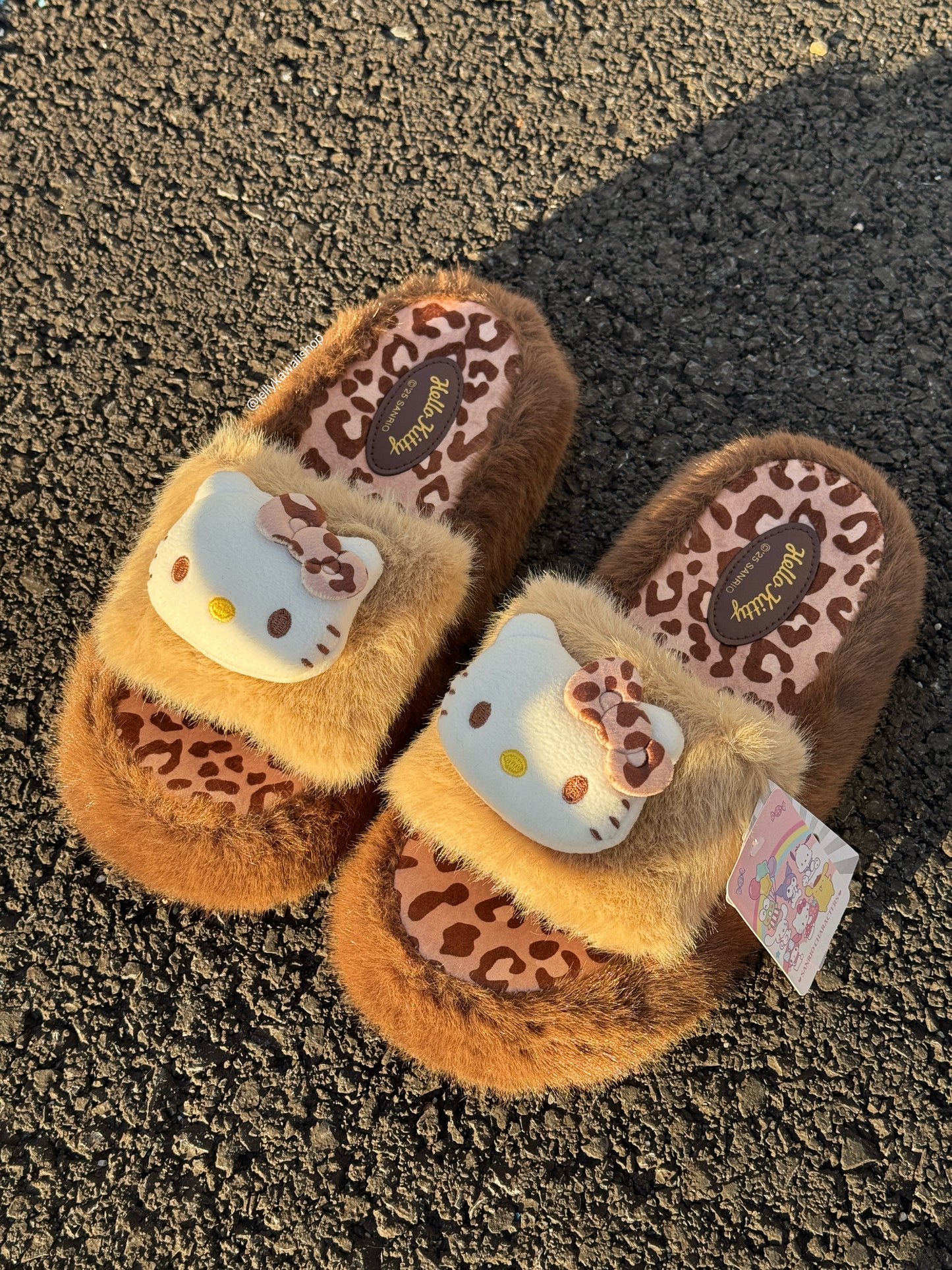 Hellokitty Leopard Print Cute Plush Fluffy Slippers Slides
