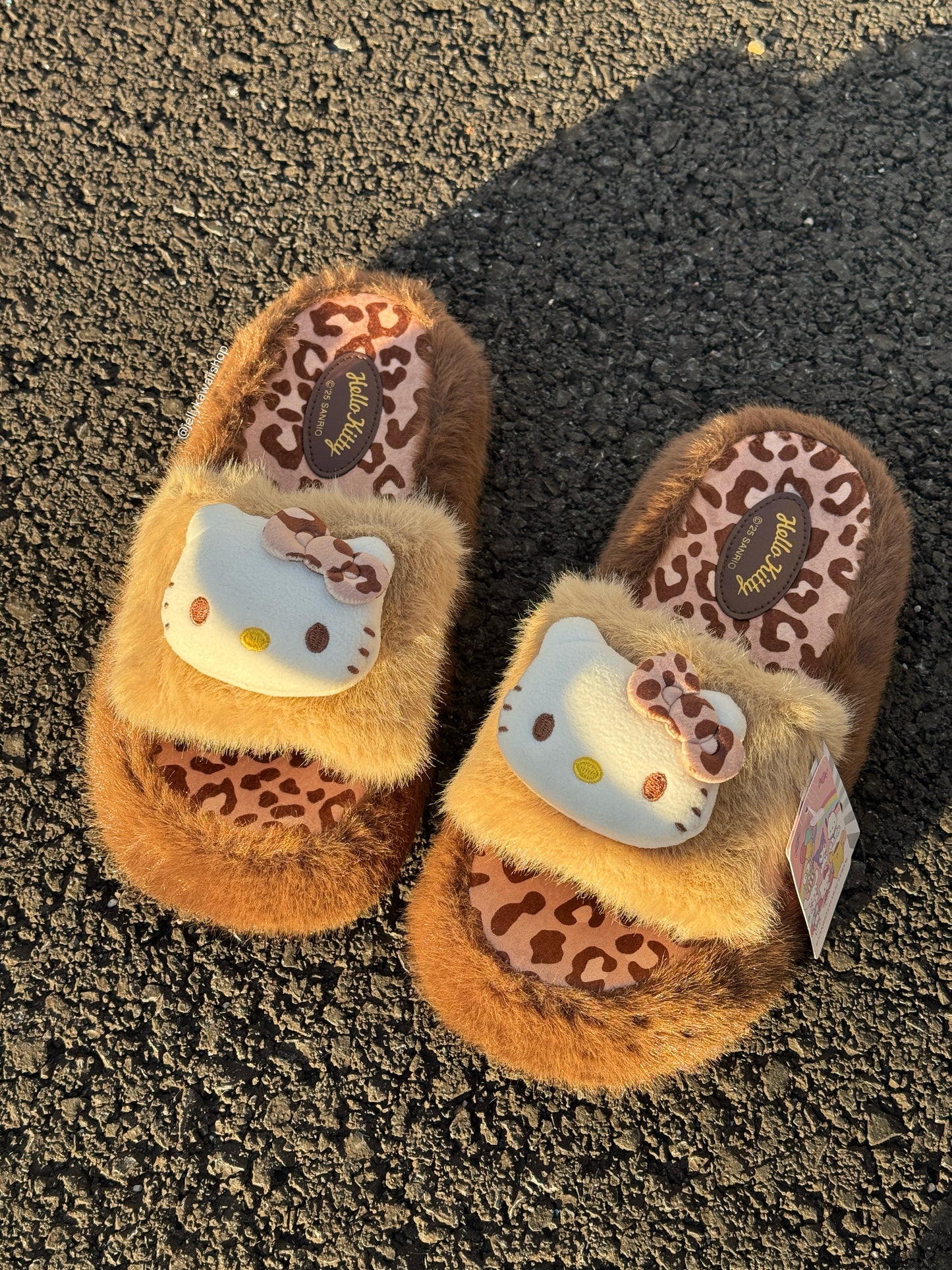 Hellokitty Leopard Print Cute Plush Fluffy Slippers Slides