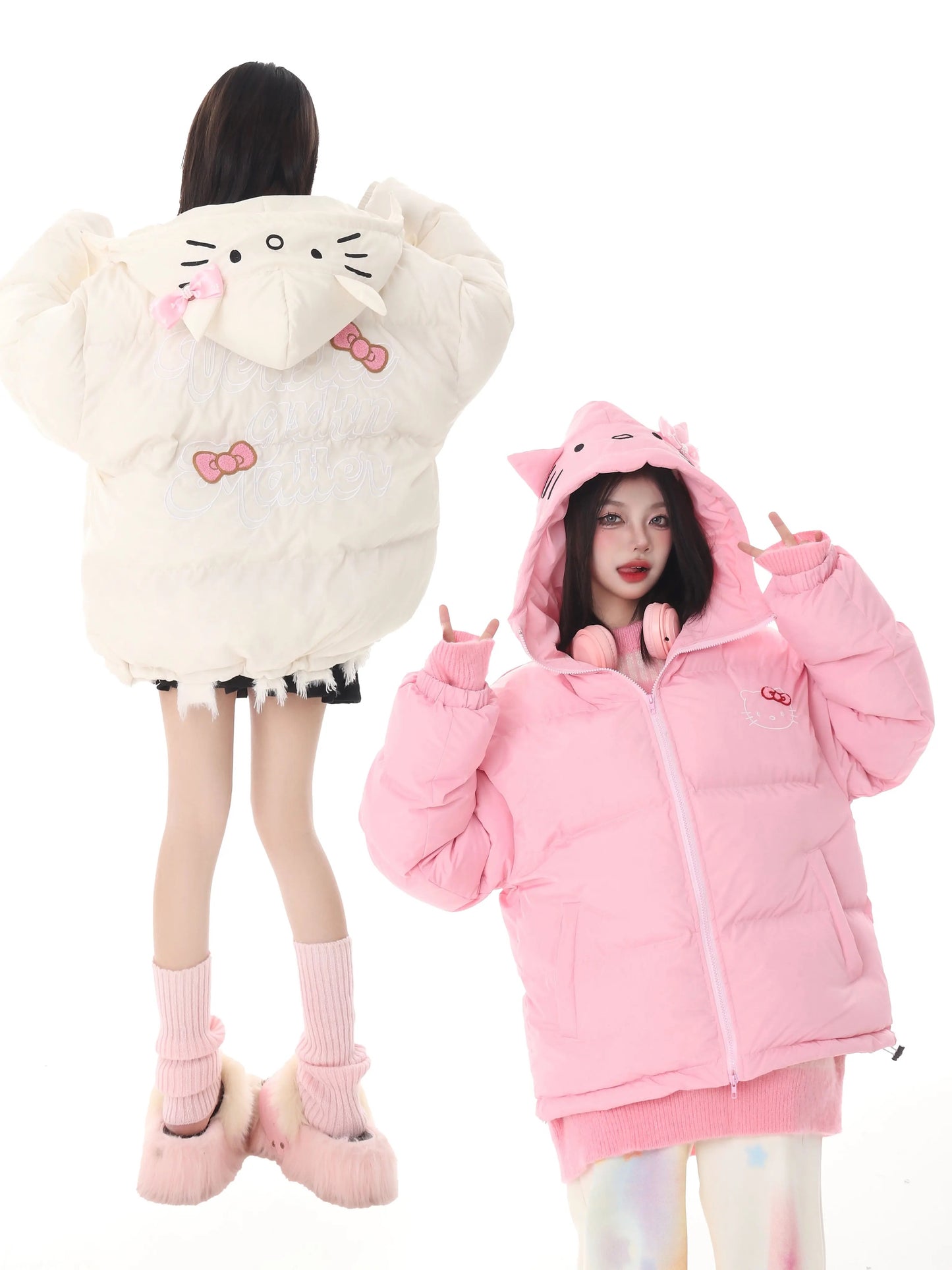 Hellokitty Winter Long Sleeve Zip Hooded Puffer Jacket Coat Pockets Baggy Short Down Coat