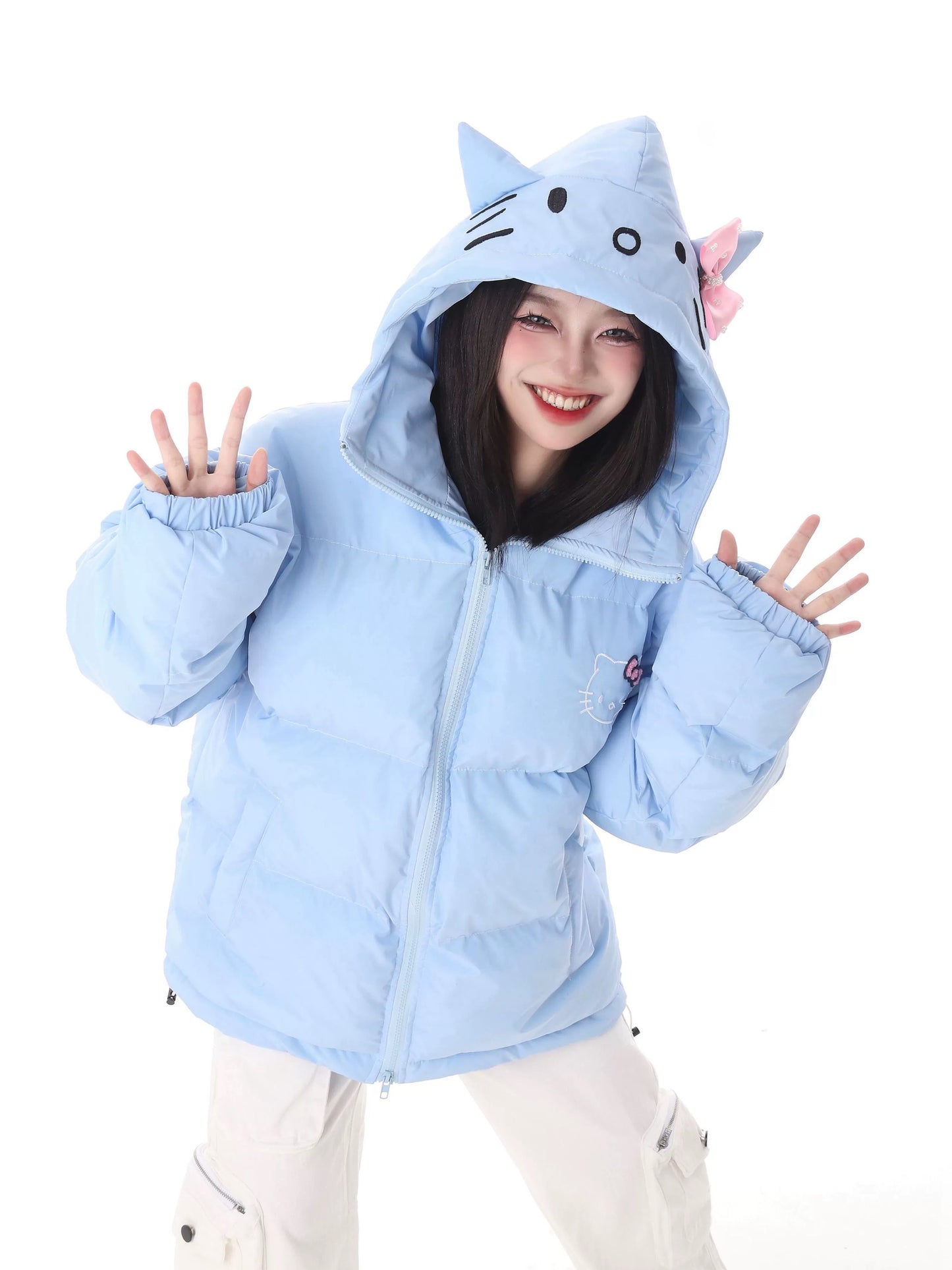 Hellokitty Winter Long Sleeve Zip Hooded Puffer Jacket Coat Pockets Baggy Short Down Coat