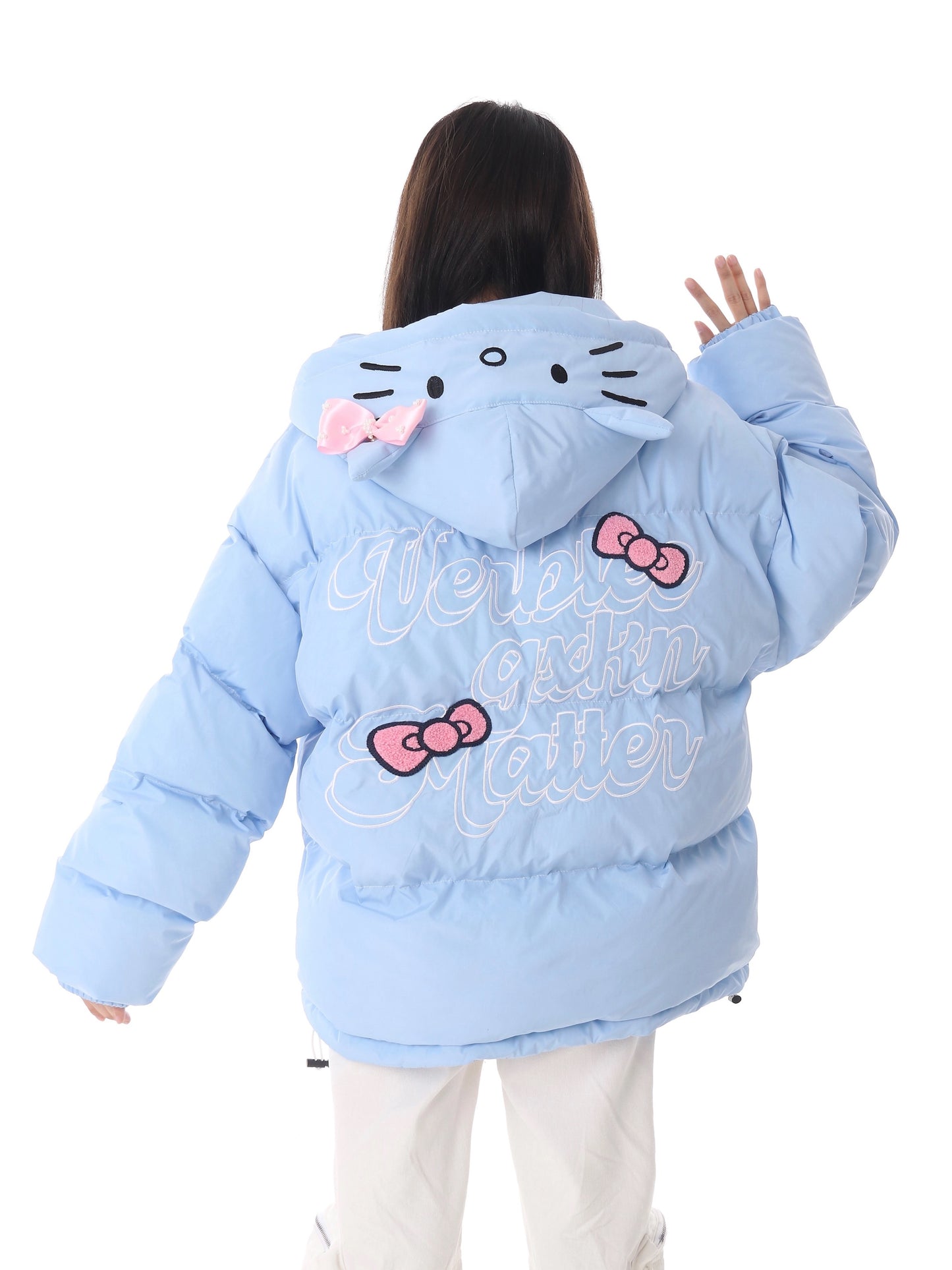 Hellokitty Winter Long Sleeve Zip Hooded Puffer Jacket Coat Pockets Baggy Short Down Coat